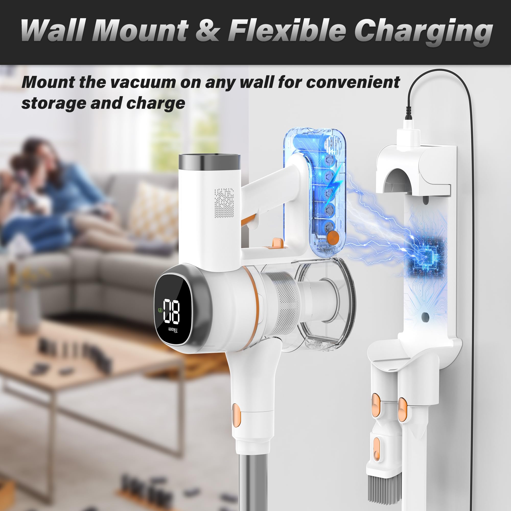 Tikom V500 Cordless Vacuum Cleaner - 40000Pa Powerful Suction, 450W Motor, LED Touch Screen, Wall Mount Charging Dock, Anti-Tangle Brush, Lightweight Handheld for Pet Hair, Hard Floors & Carpets - Perfect for Home Cleaning, Car Detailing & Pet Owners