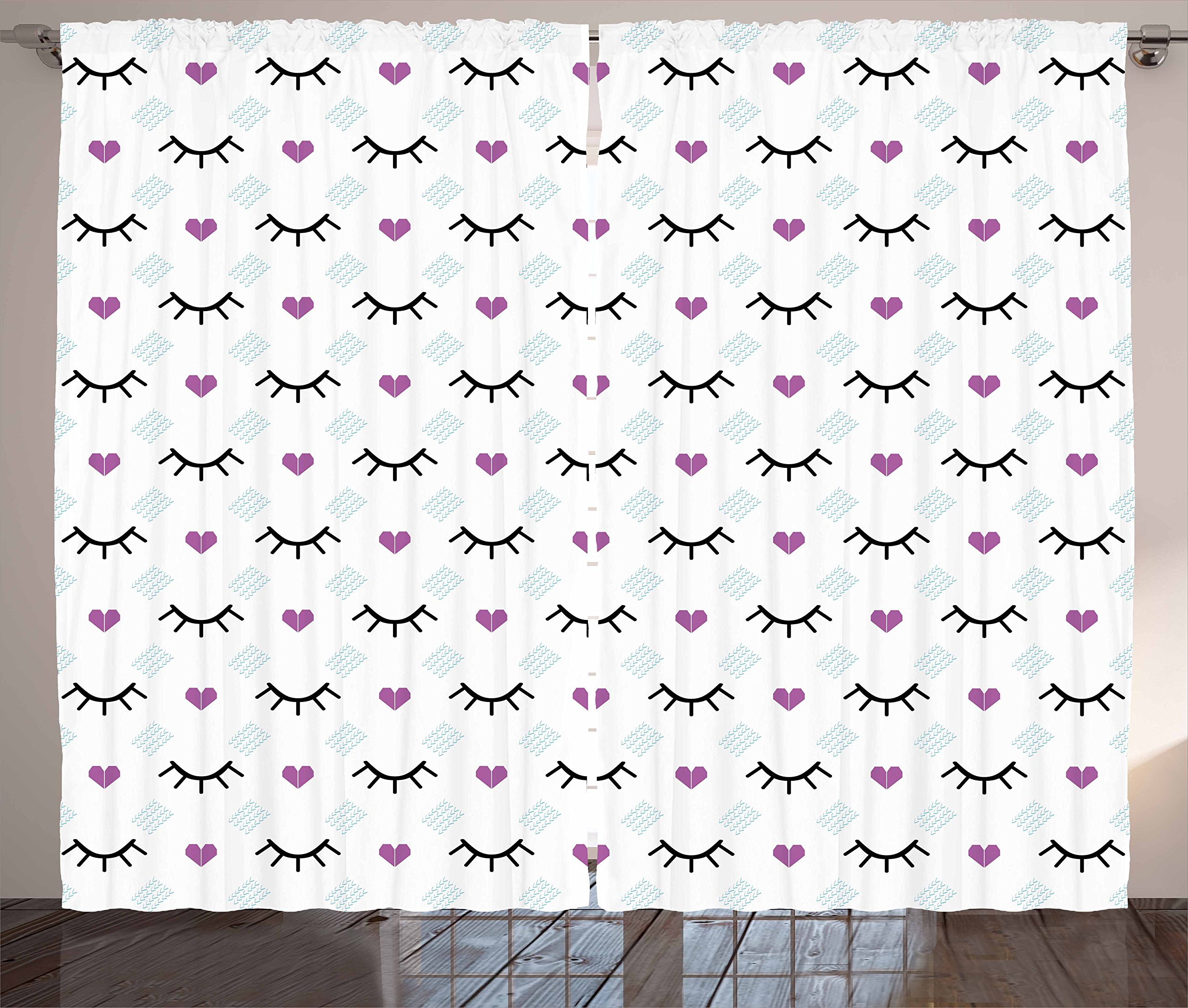 Ambesonne Eyelash Curtains - Winking Eyes & Pink Hearts Romantic Design, Cartoon Style Window Drapes for Living Room & Bedroom, 2 Panel Set (108x84 Inches), Fuchsia Pale Blue Black - Perfect for Kids Rooms, Nursery Decor & Whimsical Home Decor