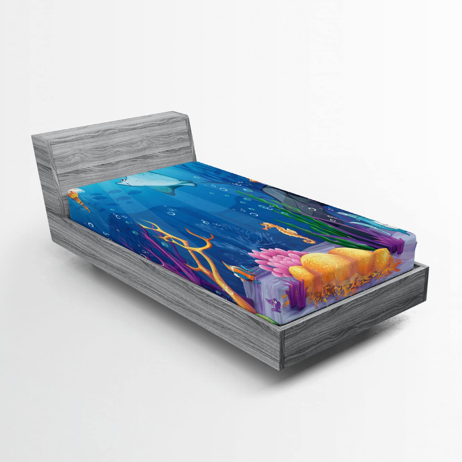 Ambesonne Ocean Fitted Sheet - Underwater Sea Life Cartoon Pattern with Fish, Shells & Bubbles - Deep Pocket Twin Size Bed Cover - Multicolor - Perfect for Kids' Rooms, Beach Themed Decor & Coastal Bedrooms