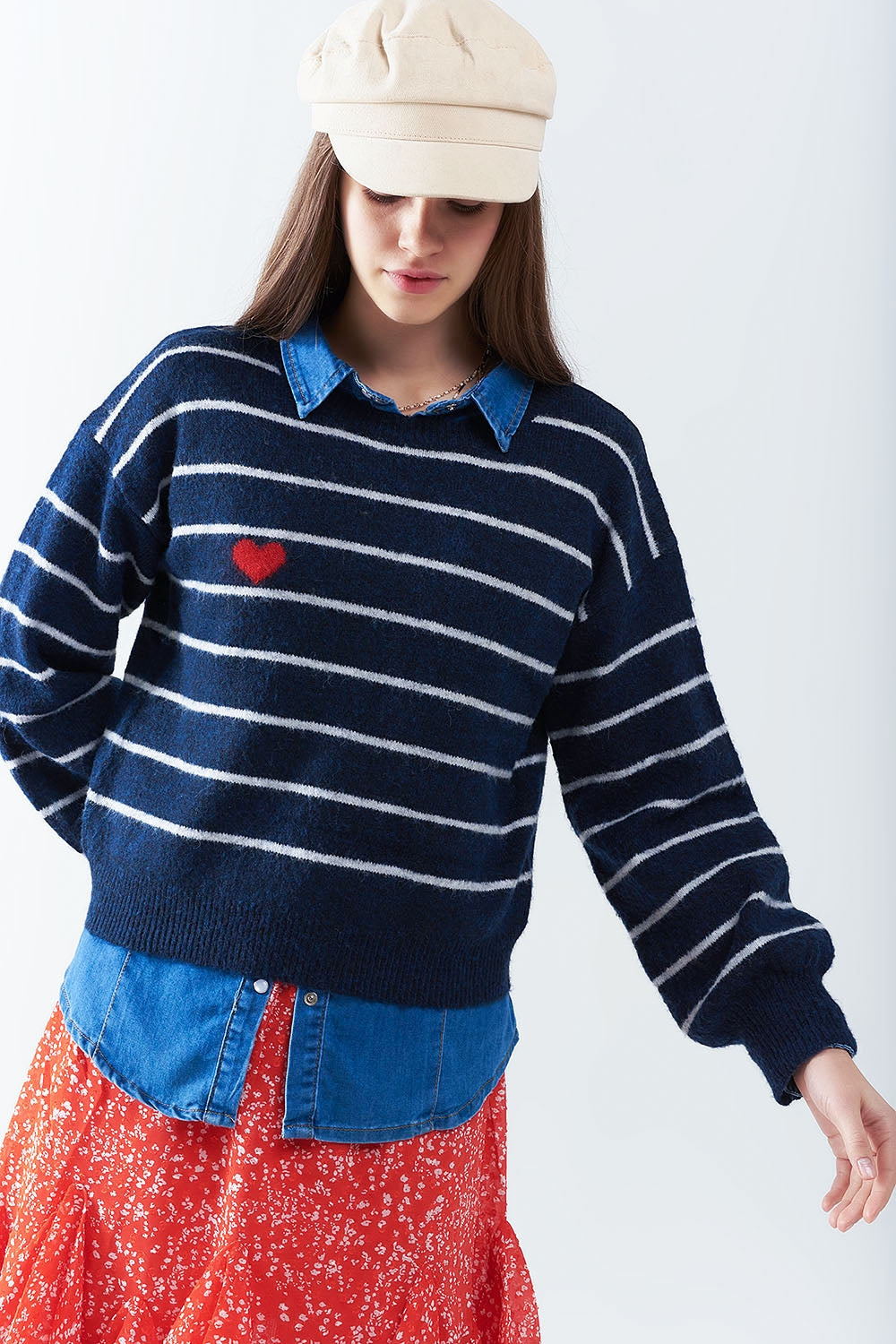 Blue Striped Pullover with Red Heart Detail - Perfect for Casual Outfits, Date Nights & Cozy Winter Wear