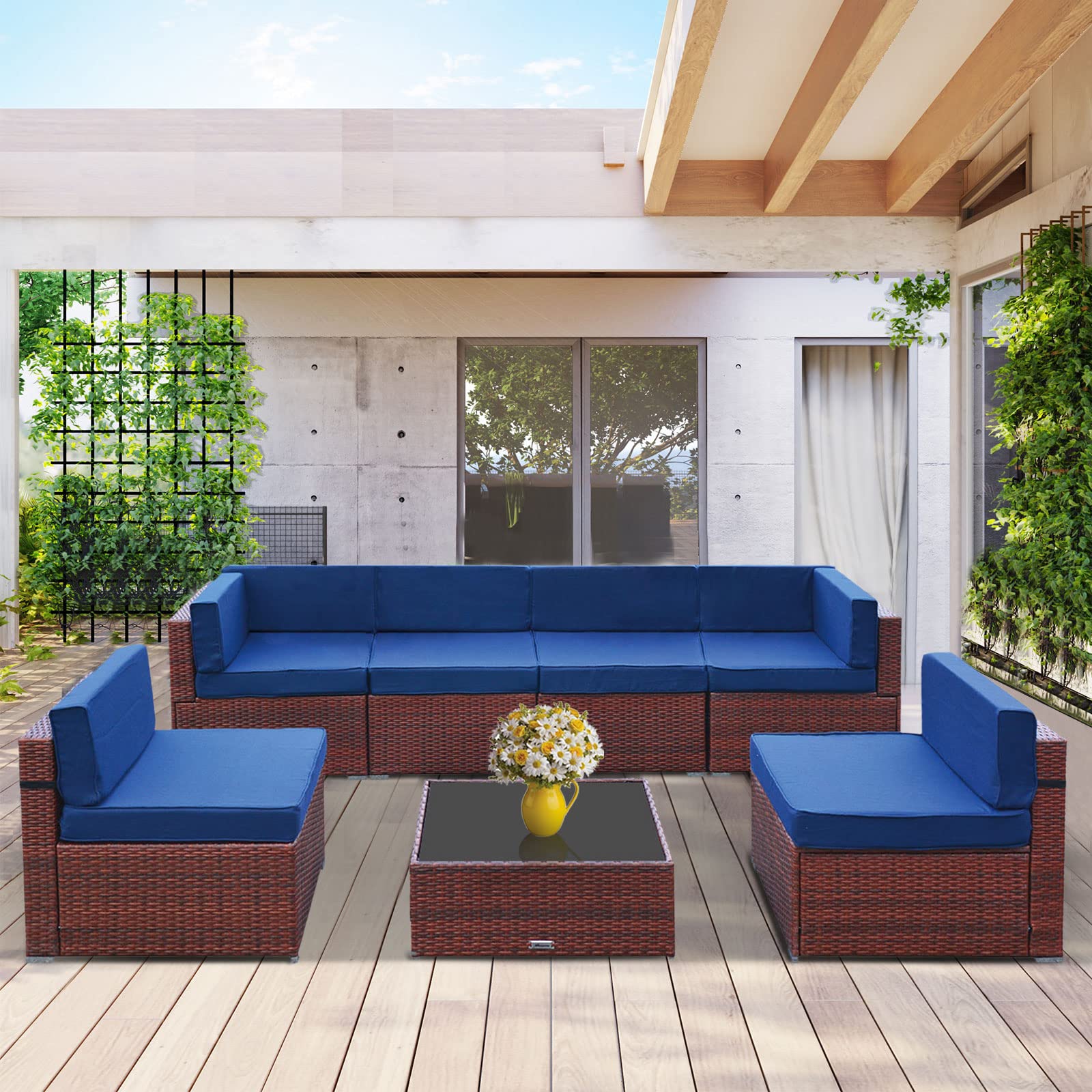 RoyalCraft 7-Piece Outdoor Patio Furniture Set with Waterproof Cover - All-Weather Wicker Sectional Sofa with Blue Striped Cushions & Zippers (2022 Upgraded Brown) - Perfect for Backyard, Poolside & Garden Relaxation