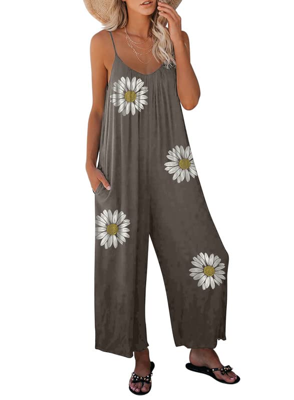 Dokotoo Women's Sleeveless Jumpsuit with Adjustable Spaghetti Straps - Stretchy Loose Fit Long Romper with Pockets | Casual Summer Outfit, Beach Cover Up, Lounge Wear, Travel Jumpsuit