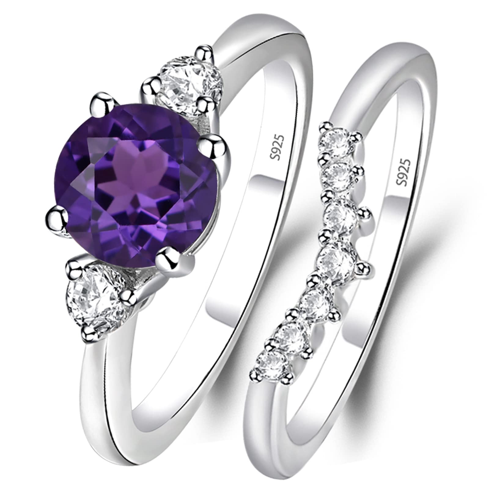 S925 Sterling Silver Round Wedding Ring Set with Gemstone - Elegant Curve Wedding Band & Engagement Statement Ring for Women - Perfect for Bridal, Anniversary & Special Occasions