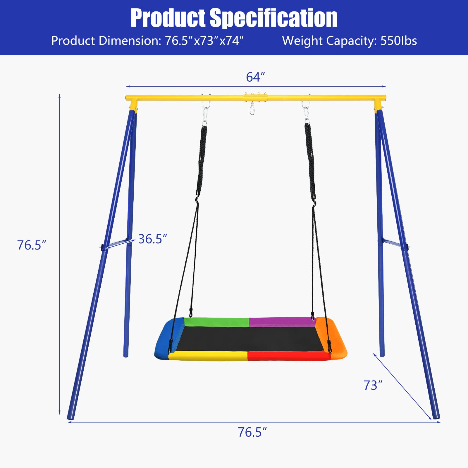 Heavy Duty 550lbs Metal A-Frame Swing Set with 70