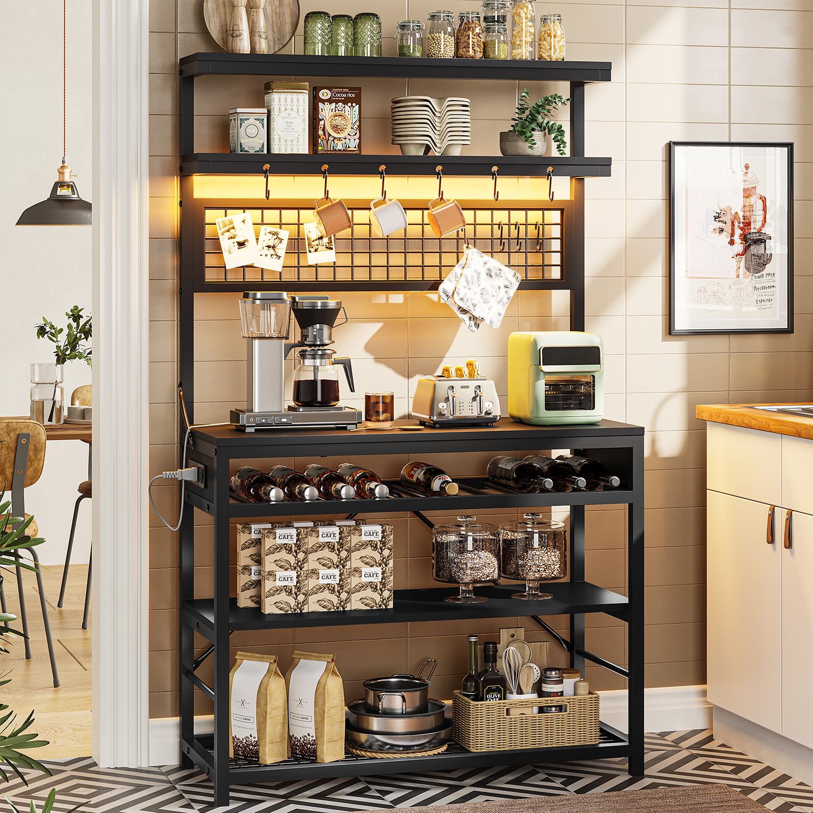 **Itaar 6-Tier Bakers Rack with Power Outlet, Coffee Bar & Microwave Stand – Includes Wine Rack, LED Lights & 10 Hooks – Kitchen Storage Organizer for Small Spaces, Black – Perfect for Coffee Stations, Pantry Organization & Home Decor**