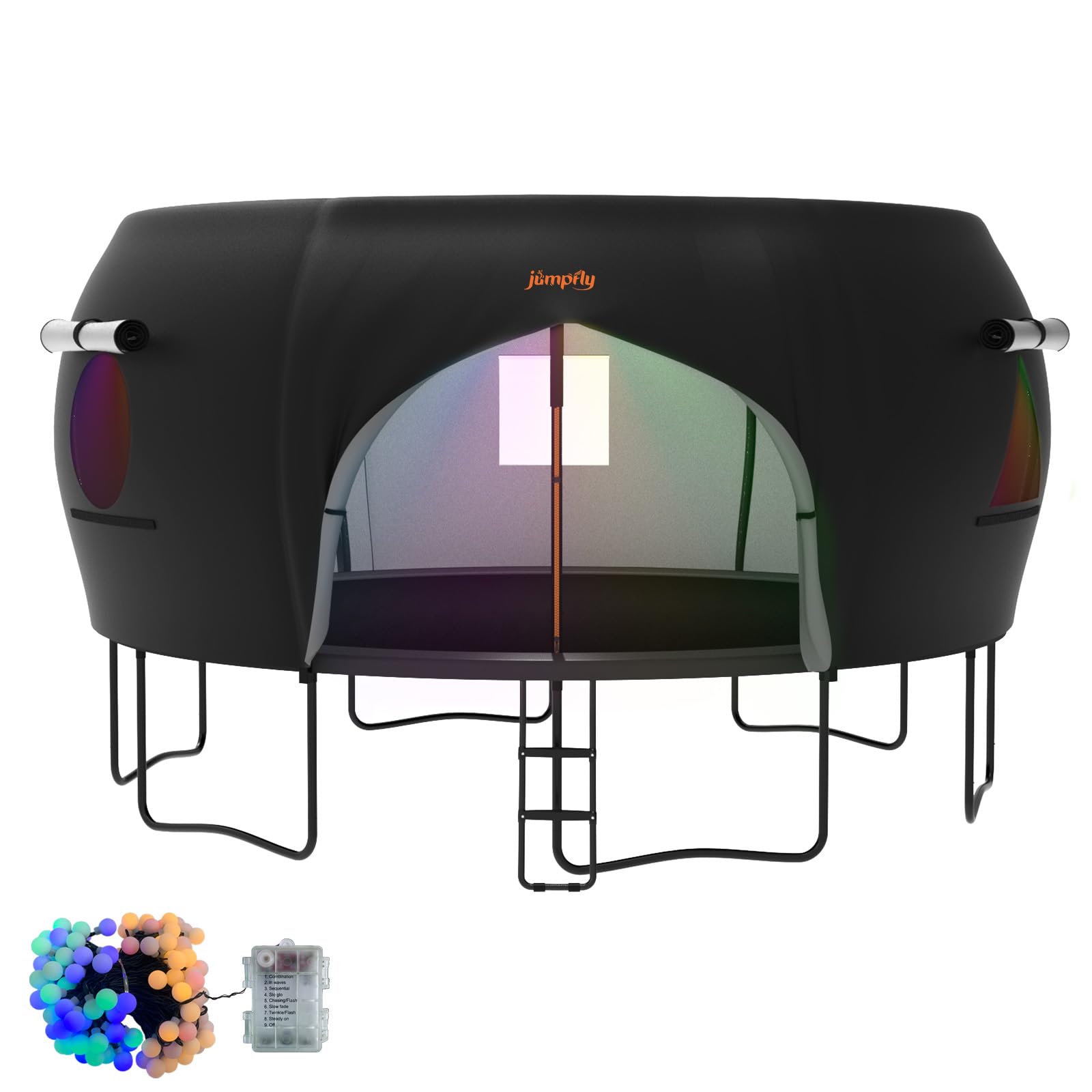 JumpFly 14FT Trampoline Tent for Kids (Tent Only) - Fits 6 Curved Poles Round Trampoline, LED Light Shade Cover, Durable Anti-Tear Canopy for Outdoor Play & Camping (Black/Light Brown) - Perfect for Backyard Fun, Summer Shade & Sleepovers