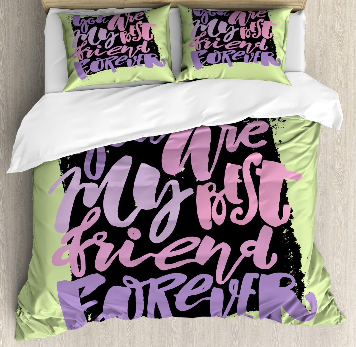 Ambesonne Best Friend Duvet Cover Set - 'You Are My Best Friend Forever' Lettering Cartoon Print, 3-Piece King Size Bedding Set with 2 Pillow Shams in Pale Green & Pink | Perfect for Teen Rooms, Dorm Decor, Friendship Gifts & Cozy Bedroom Makeovers