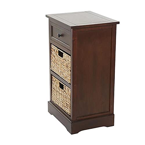 Urban Designs 7767169 Malibu 3-Drawer Nightstand with Wicker Baskets - Medium Coffee Finish - Bedside Table for Bedroom, Living Room, or Guest Room Storage