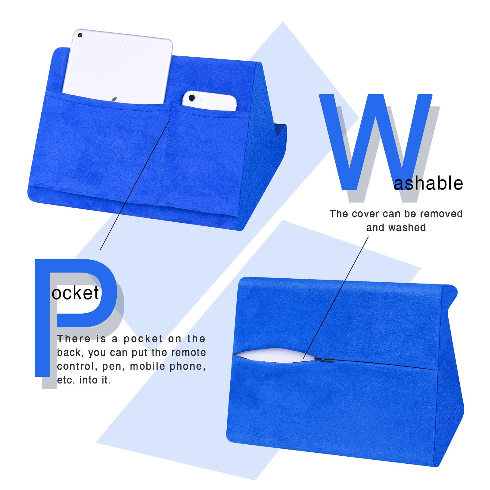 Adjustable 3-Angle Tablet Stand Pillow with Pocket - Soft Cushion Holder for iPad, Kindle, Smartphones & Books - Perfect for Bed, Sofa & Travel (Blue) - Ideal for Reading, Watching Movies & Hands-Free Browsing