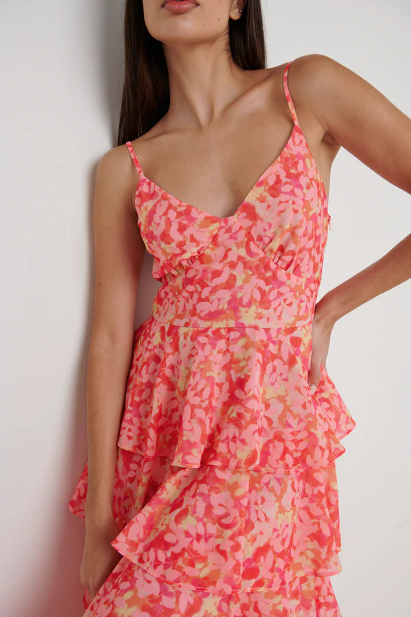 LISSY Ruffle Midi Dress for Women - Floral Print, Orange & Pink, Summer Casual & Party Wear - Perfect for Beach, Vacation, and Date Nights