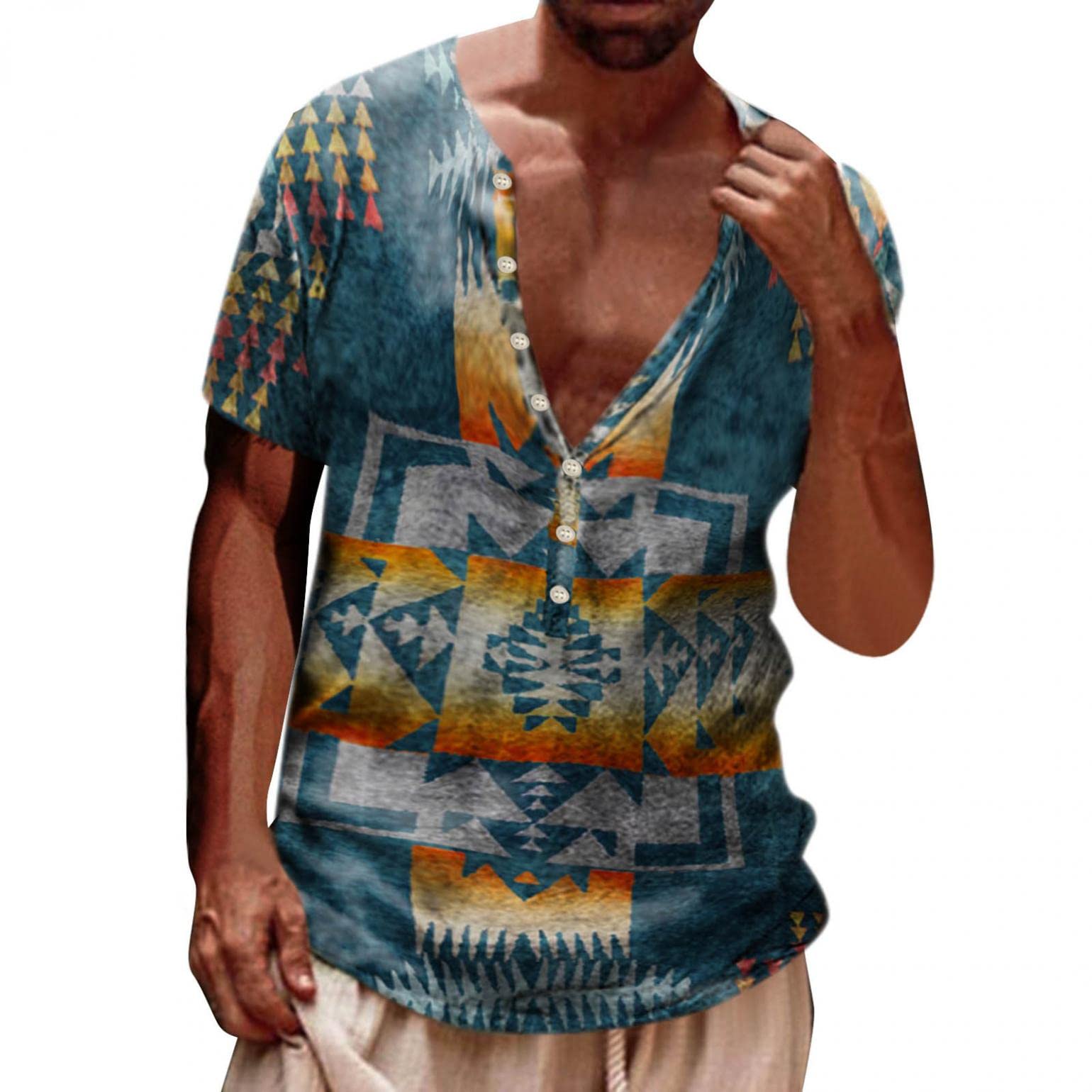 Men's Casual Button Down Shirt - Short Sleeve Henley T-Shirt with 3D Digital Printing | Fashion Basic Placket Top for Everyday Wear, Work & Outdoor Activities