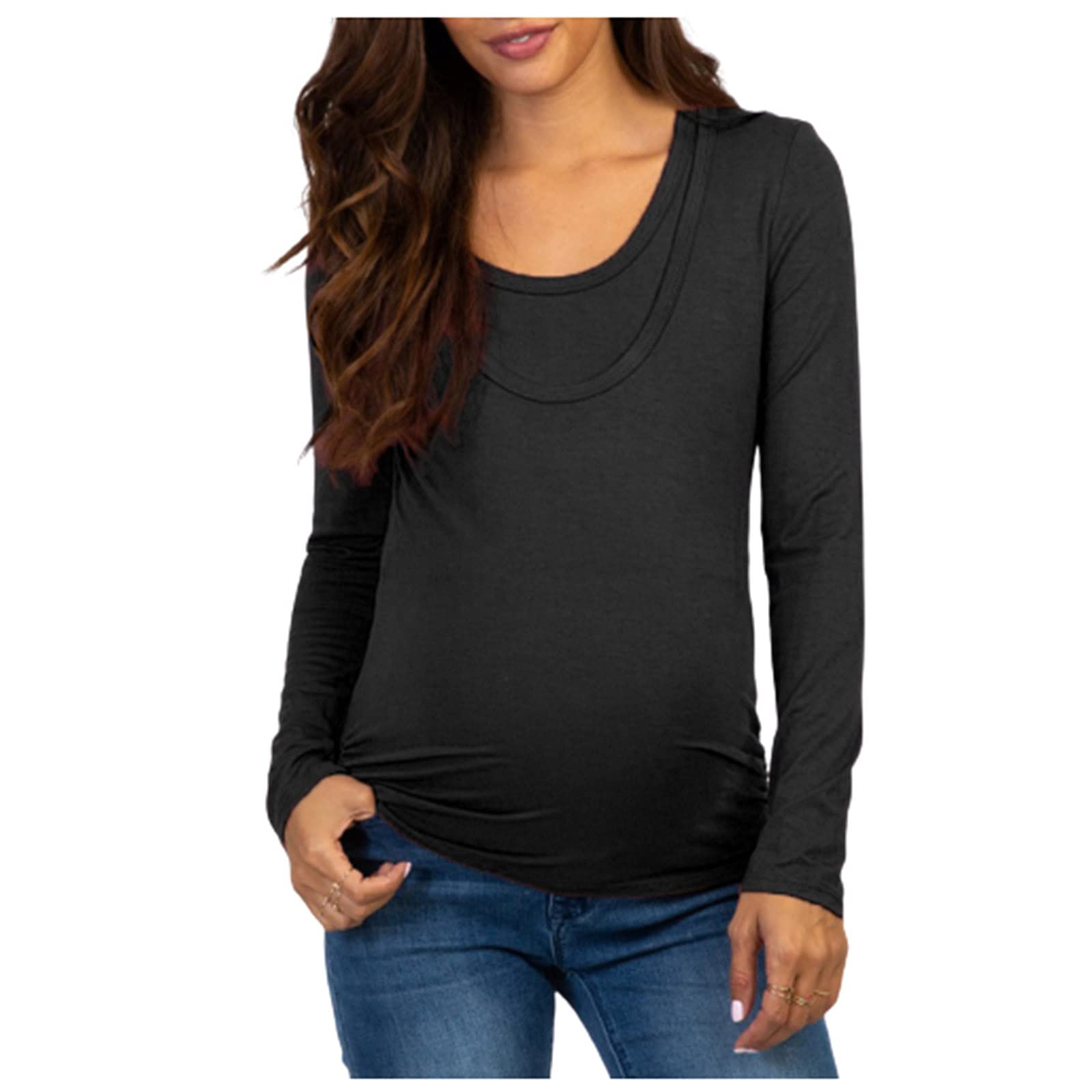 Long Sleeve Maternity Tops for Women - Comfortable Baseball Crew Neck Pregnancy Shirts | Casual Solid Blouse for Expecting Moms | Perfect for Work, Daily Wear & Maternity Photos