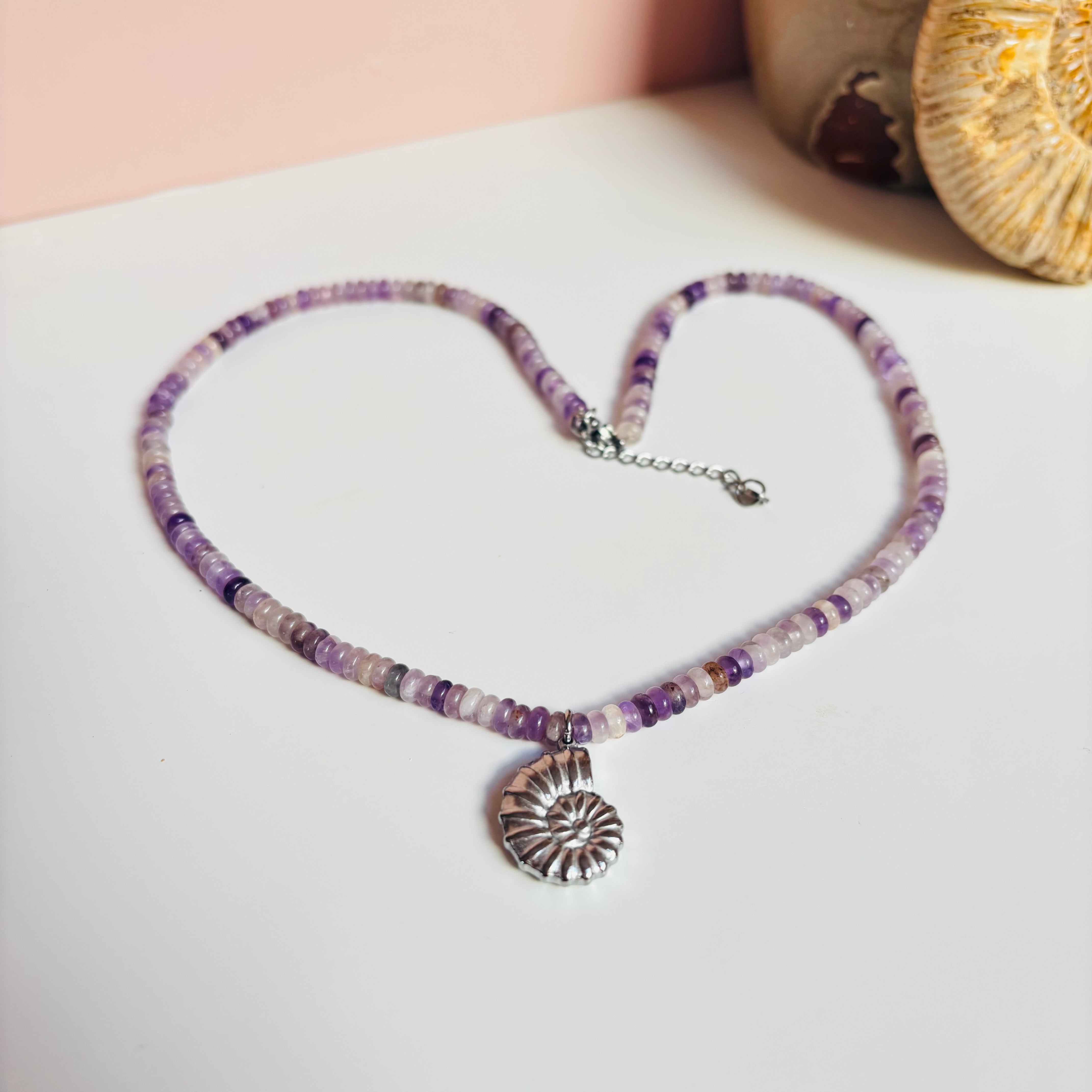 Natural Amethyst and Ammonite Pendant Necklace - Healing Crystal Jewelry for Meditation, Energy Balancing & Spiritual Gifts