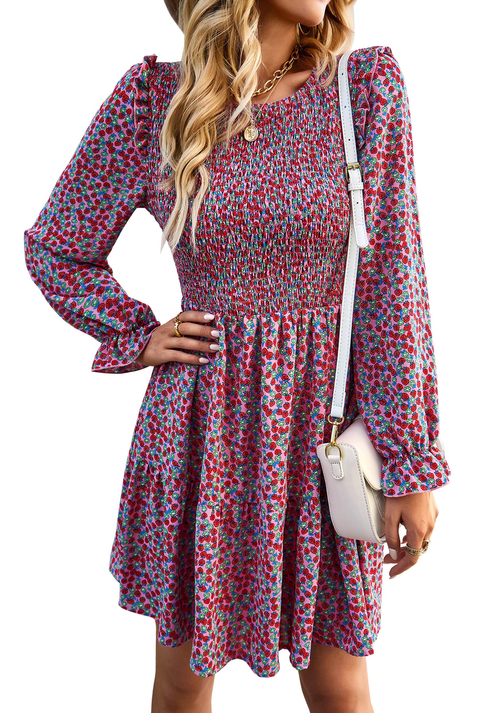KIRUNDO Women's Floral Smocked Long Sleeve Ruffle A-Line Mini Dress - Spring Summer Party Dress 2025 | Flowy Elegant Outfit for Date Night, Garden Wedding & Cocktail Events