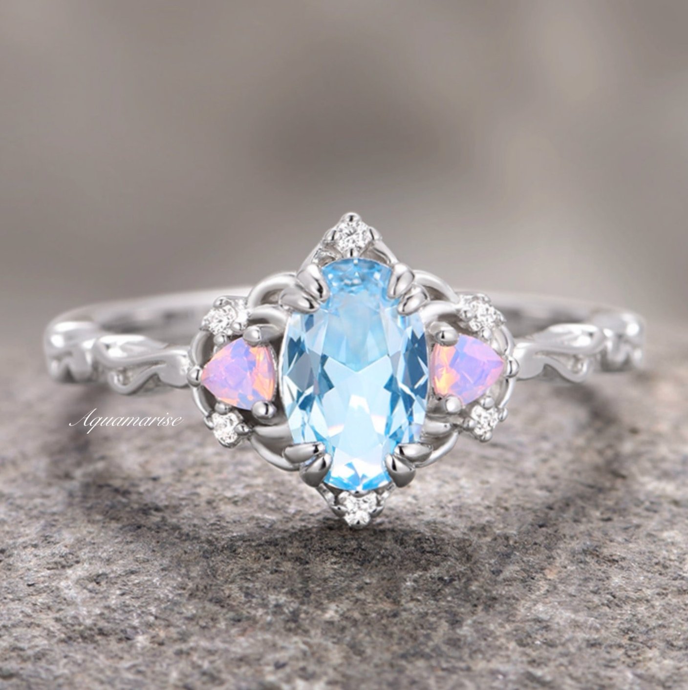 14K White Gold Esme Aquamarine & Opalescent Sapphire Ring – Elegant Jewelry for Women, Perfect for Weddings, Anniversaries & Special Occasions