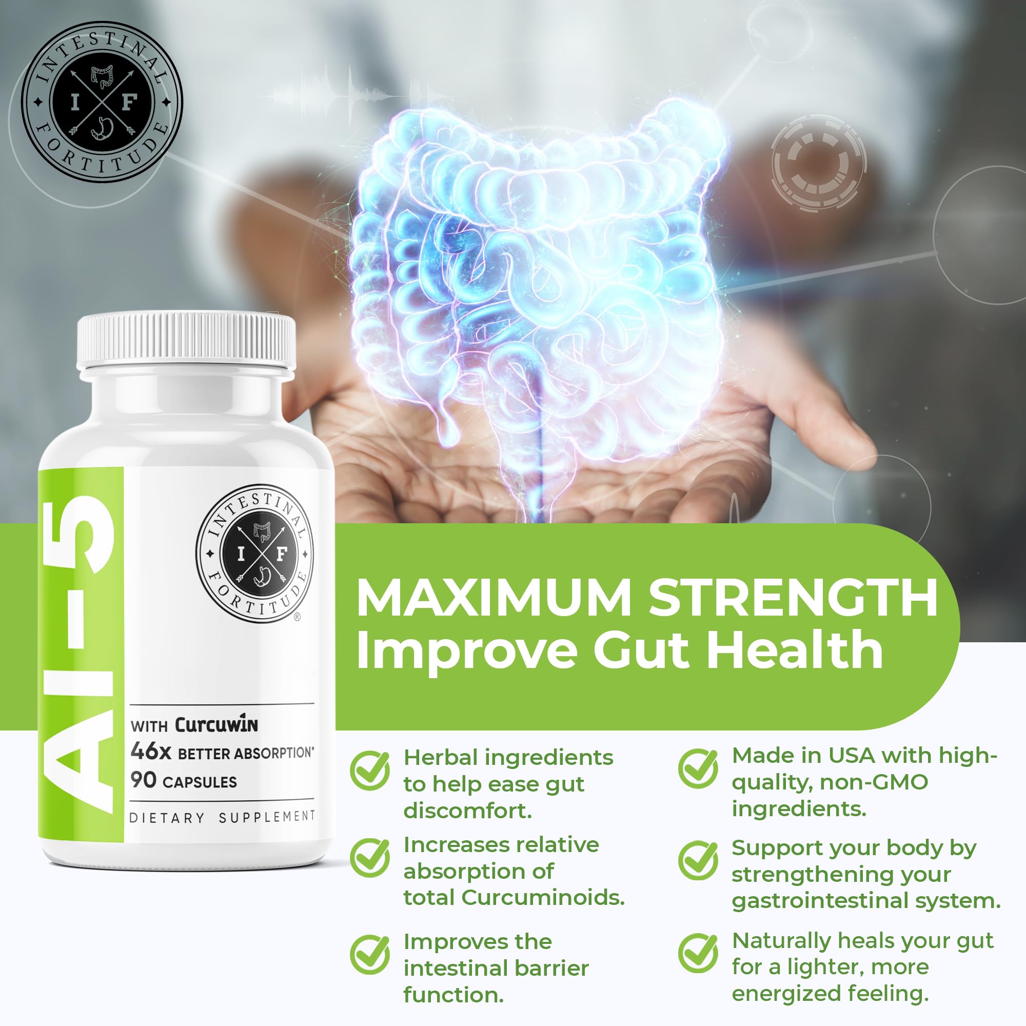 Intestinal Fortitude AI-5 Digestive Support Supplement - Turmeric Curcumin with CurcuWIN, Boswellia Serrata, Ginger Root & Green Tea EGCG for Gut Health - Non-GMO, Dairy Free - Supports Digestion & Bloating Relief for Active Lifestyles
