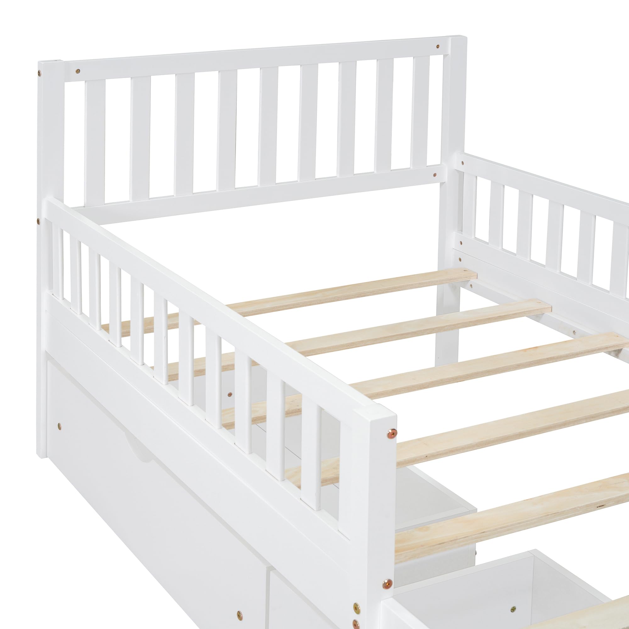 White Twin Size Kids Bed with Guardrails - Low Platform Bed Frame with Headboard, Footboard & 2 Storage Drawers - Safe Children's Bed for Boys & Girls - Perfect for Small Bedrooms, Guest Rooms & Kids' Shared Spaces
