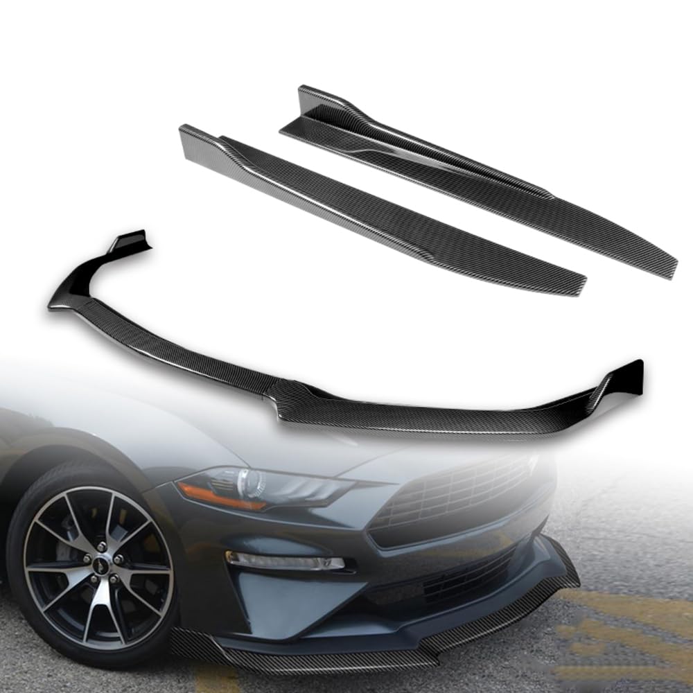 5PCS Front Bumper Lip & Side Skirt Kit for Ford Mustang 2018-2023 - ABS Carbon Fiber Style Body Splitter, Rocker Winglet & Diffuser - Enhances Aerodynamics & Sporty Look (Street Racing & Car Shows)