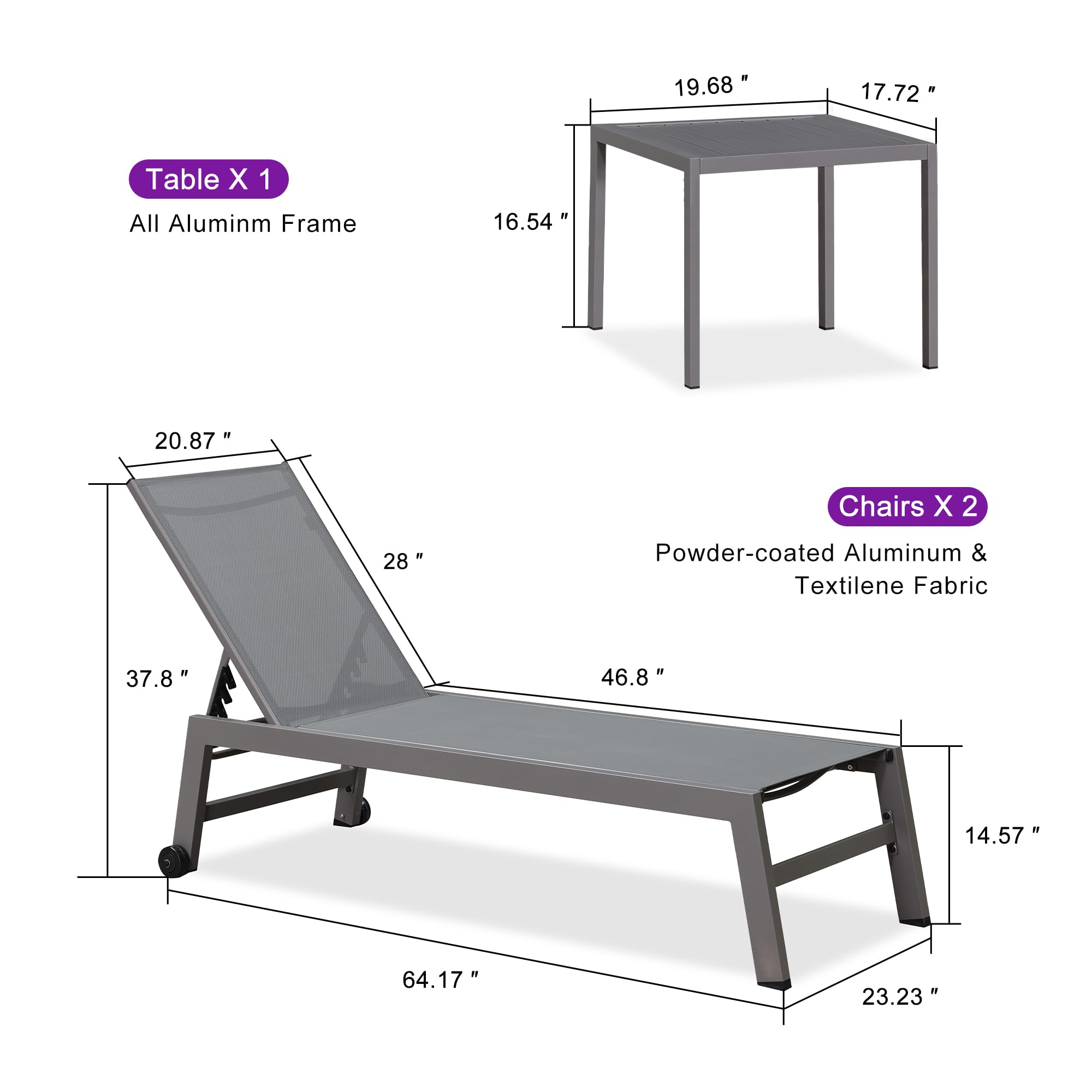 Premium 2-Piece Outdoor Lounge Chair Set with Adjustable Backrest & Wheels - Aluminum Patio Chaise Loungers for Poolside, Beach & Backyard Relaxation (Grey) - Includes Side Table for Ultimate Comfort