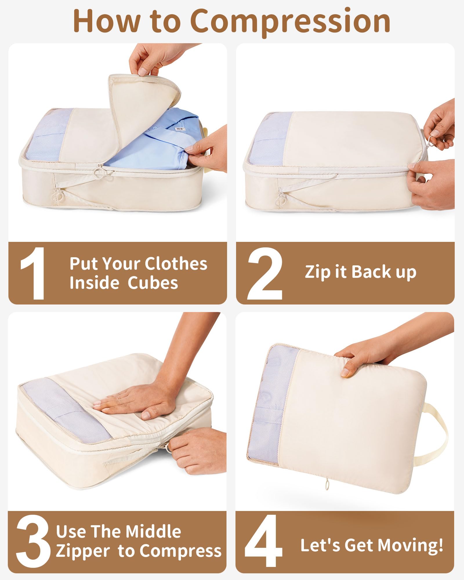 11-Piece Compression Packing Cubes Set - Expandable Luggage Organizer Bags for Travel | Suitcase Storage Solution | Perfect for Business Trips, Vacations & Weekend Getaways (Beige)