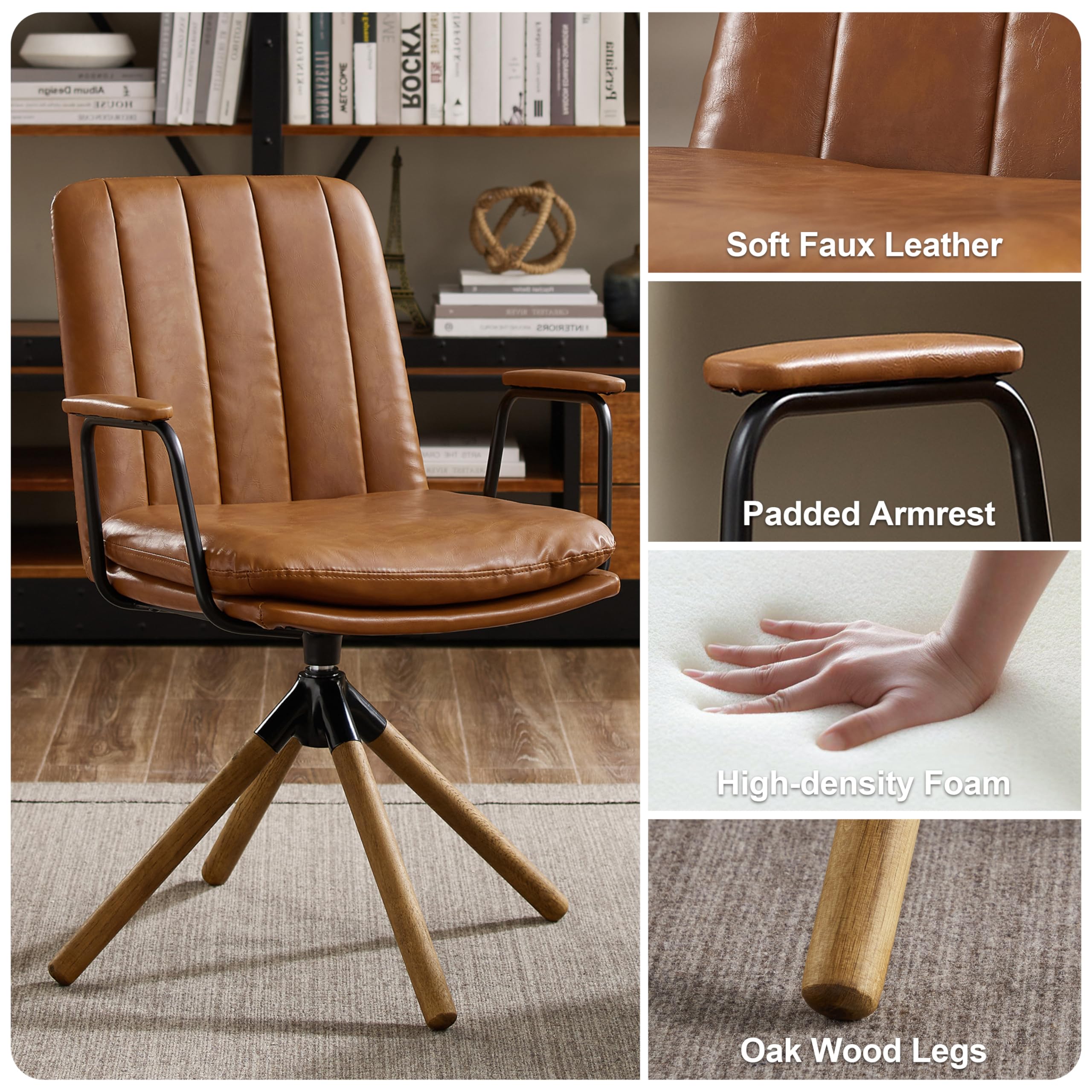 Art Leon Mid Century Modern Swivel Desk Chair Set of 2 - Oak Wood Legs & Faux Leather Upholstery, No Wheels Office Chair for Home, Bedroom or Living Room - Yellow Brown | Perfect for Small Spaces, Reading Nooks & Cozy Workstations