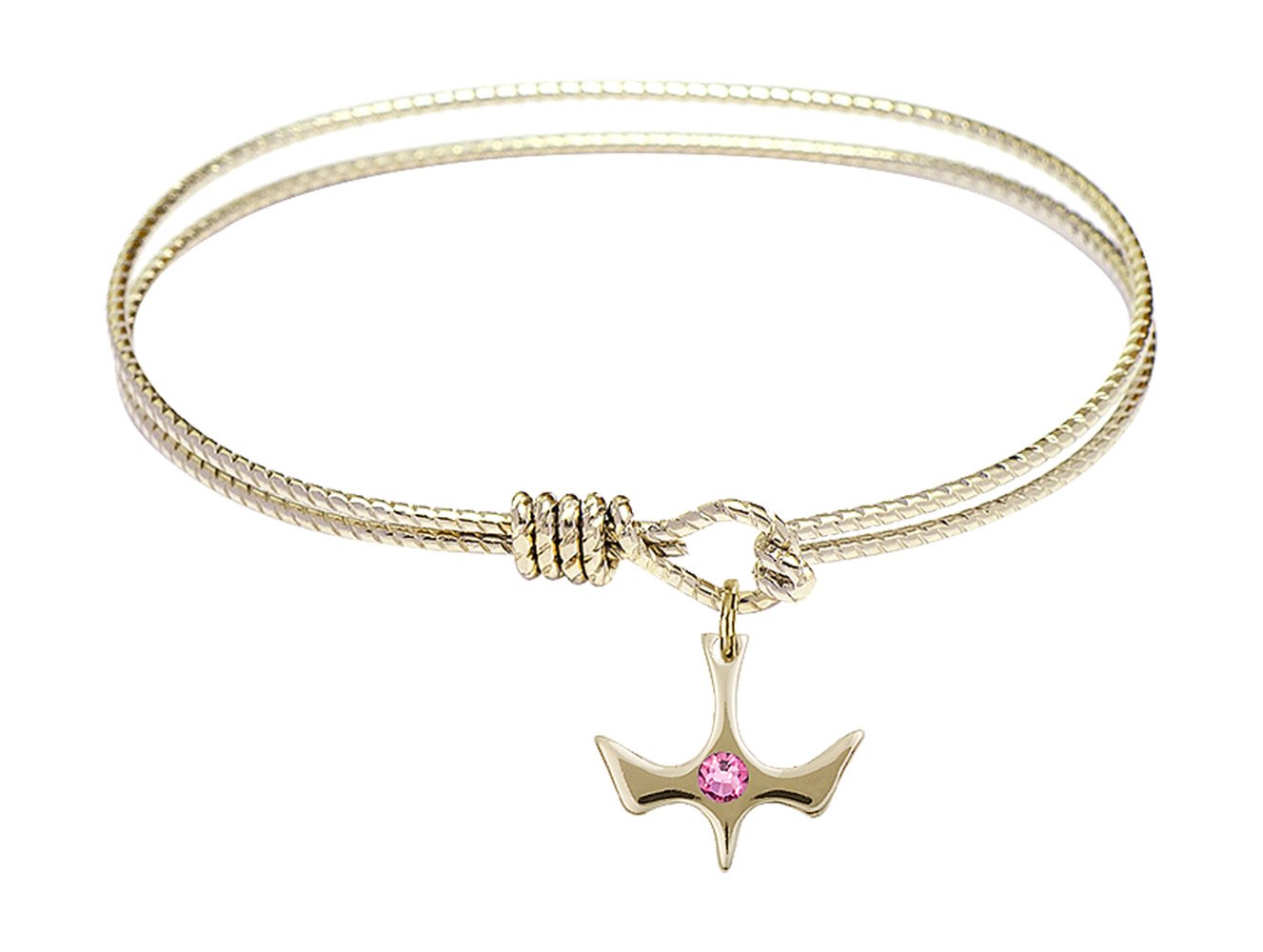 6 1/4 Inch Oval Eye Hook Bangle Bracelet with Holy Spirit Medal Charm & Rose Crystal - Elegant Religious Jewelry for Women, Perfect for Church, Weddings & Daily Wear