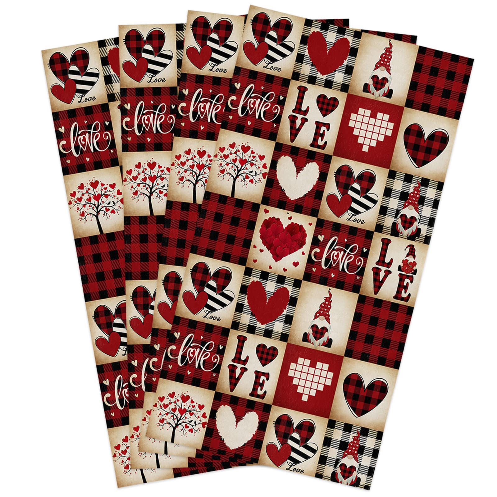 Premium Microfiber Kitchen Towels Set of 4 - Super Absorbent Dish Towels, Tea Towels & Bar Towels (18x28 Inch) - Valentine's Day Truck Gnome Design with Love Heart, Red & Black Buffalo Plaid - Perfect for Kitchen Cleaning, Drying Dishes & Holiday Decor