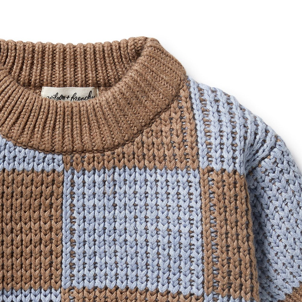 Organic Blue Speckle Knitted Check Jumper for Women - Soft Cotton Pullover Sweater for Casual Wear & Winter Fashion