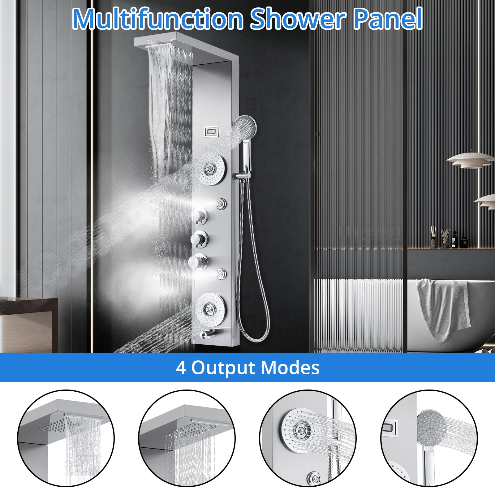 6-in-1 Stainless Steel Shower Panel Tower System with LED Rainfall, Waterfall & Handheld Shower Head - Wall Mounted Bathroom Faucet Set (Silver) | Perfect for Modern Home Spa, Luxury Bathroom Renovation & Relaxing Shower Experience