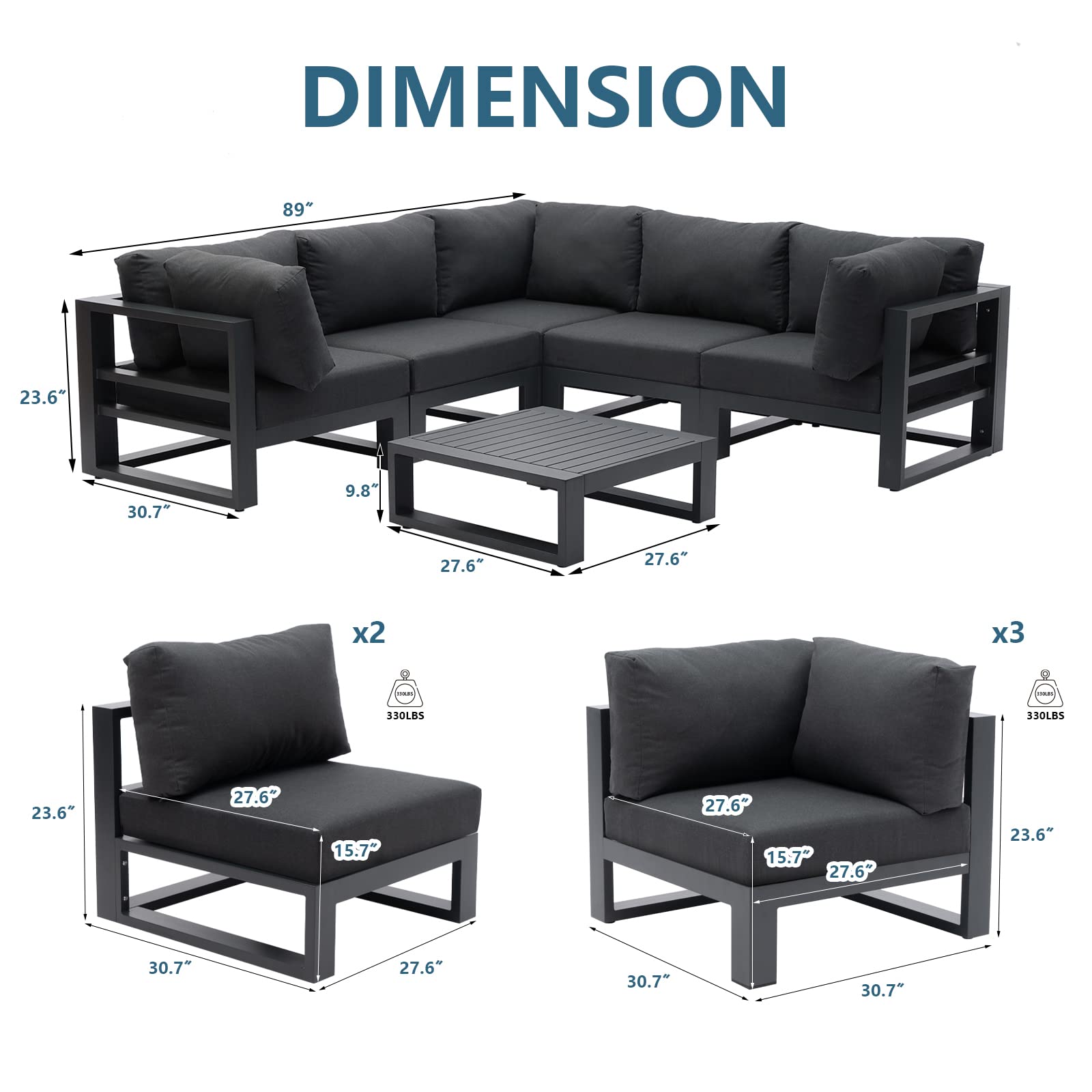 7-Piece Outdoor Patio Furniture Set - All-Weather Aluminum Sectional Sofa with Square Coffee Table & Dark Grey Cushions - Perfect for Backyard, Garden, Poolside & Deck Relaxation