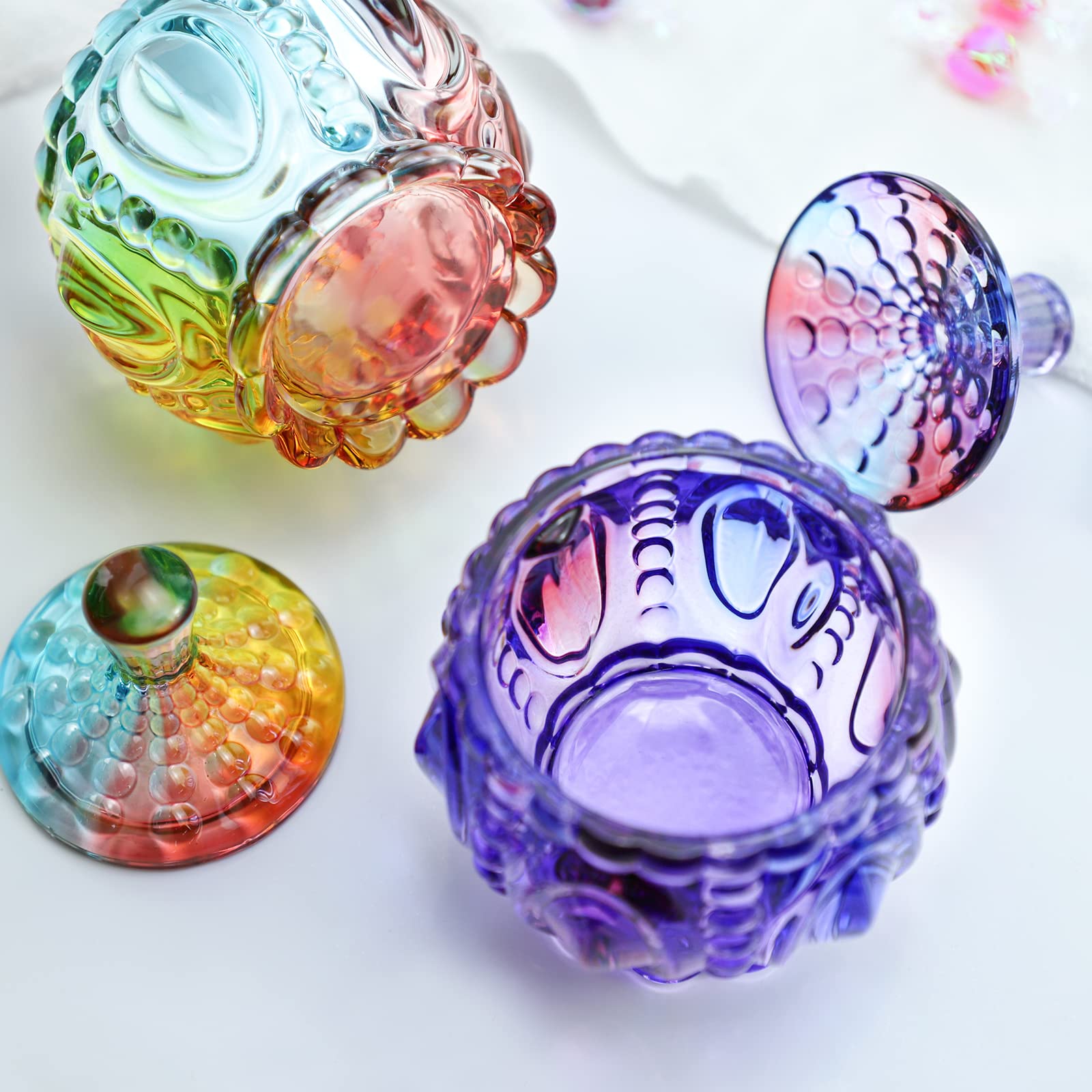 Royal Embossed Clear Glass Apothecary Jar with Lid - 7oz Candy, Jewelry & Food Storage Container - Wedding Buffet, Home Decor, Kitchen Organization (Pumpkin, Purple)