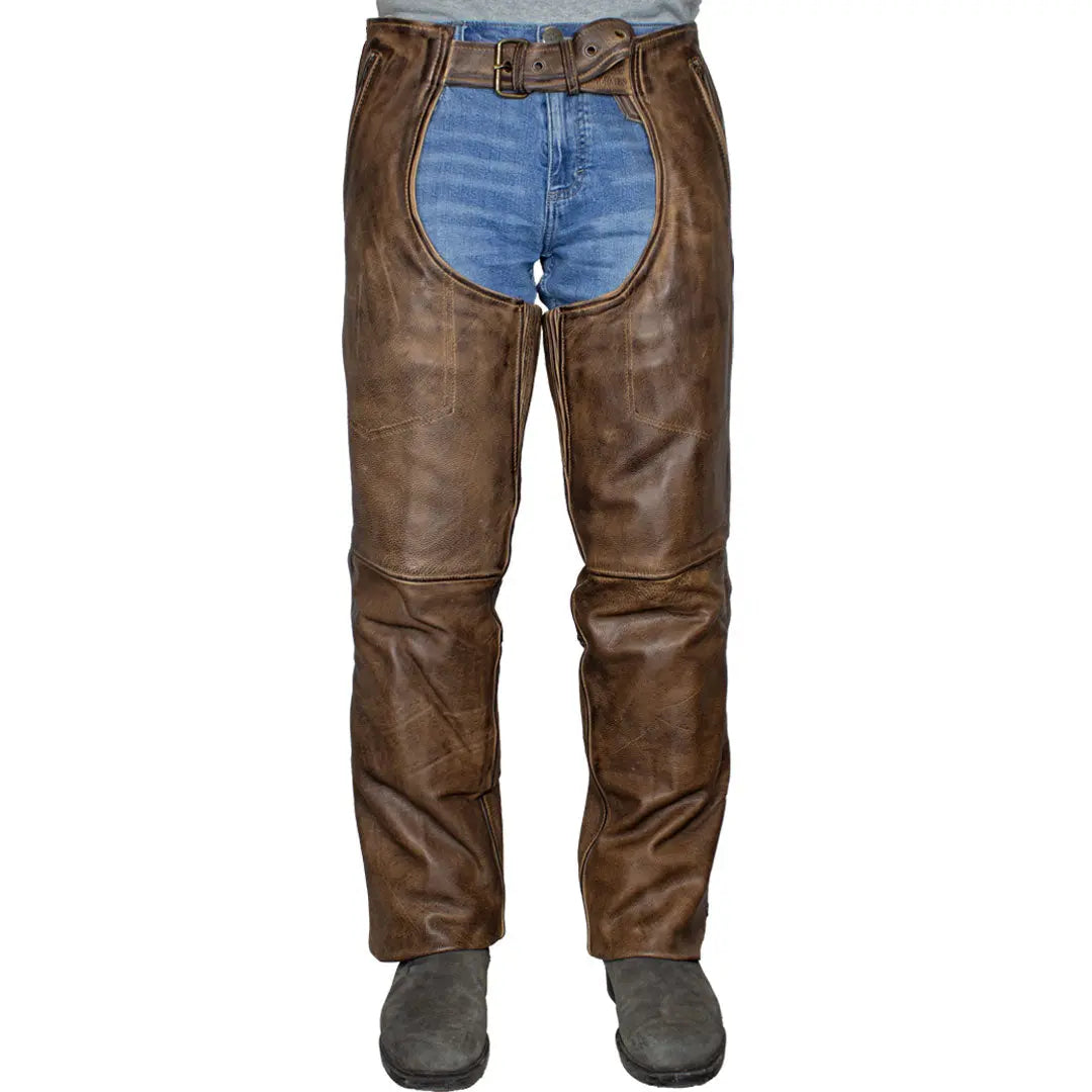 Vintage Brown Premium Leather Chaps for Men - 4 Pocket Motorcycle Riding Pants for Bikers & Cowboy Style - Perfect for Harley Davidson, Cruiser Bikes & Western Fashion