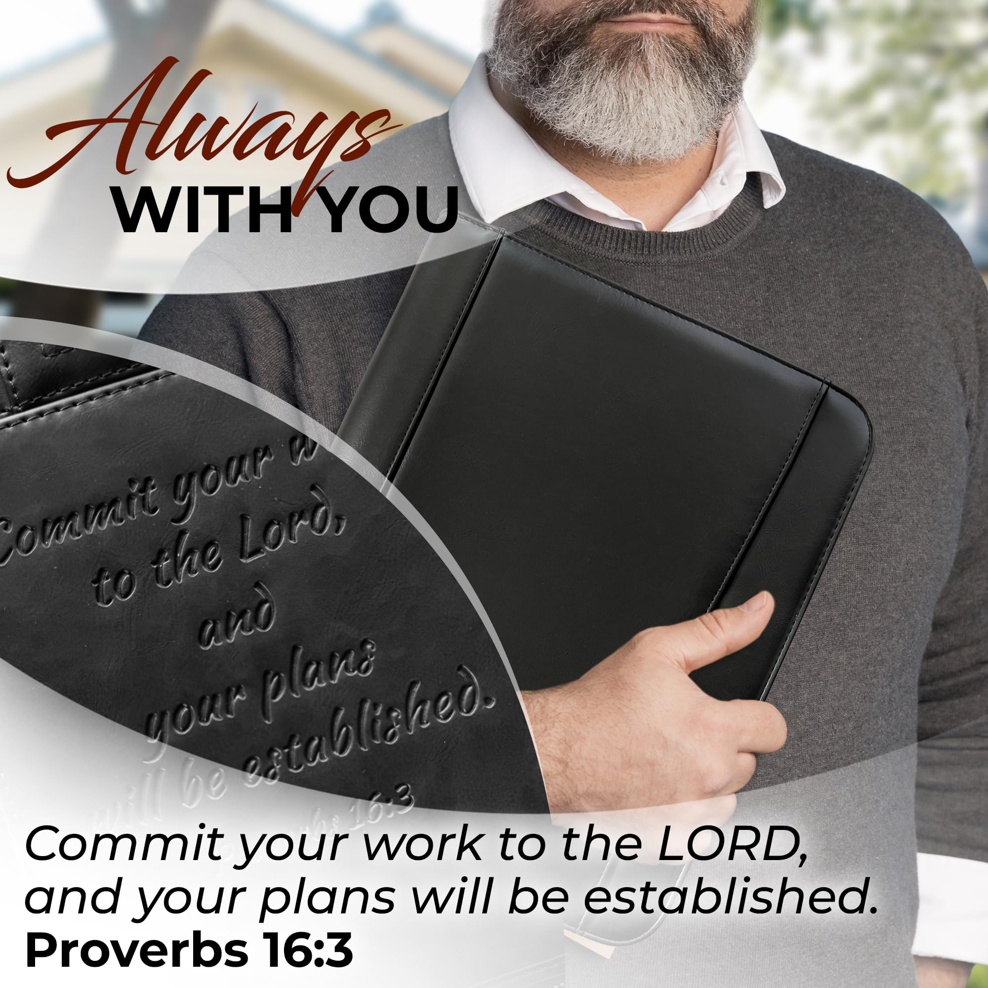 Premium DEHITE Leather Portfolio for Men & Women - Christian Religious Gift with Laptop Pocket - Letter Size Organizer for Bible, Notebook & Notepad - Black Full Grain Zipper Binder - Perfect for Church, Office & Business Meetings