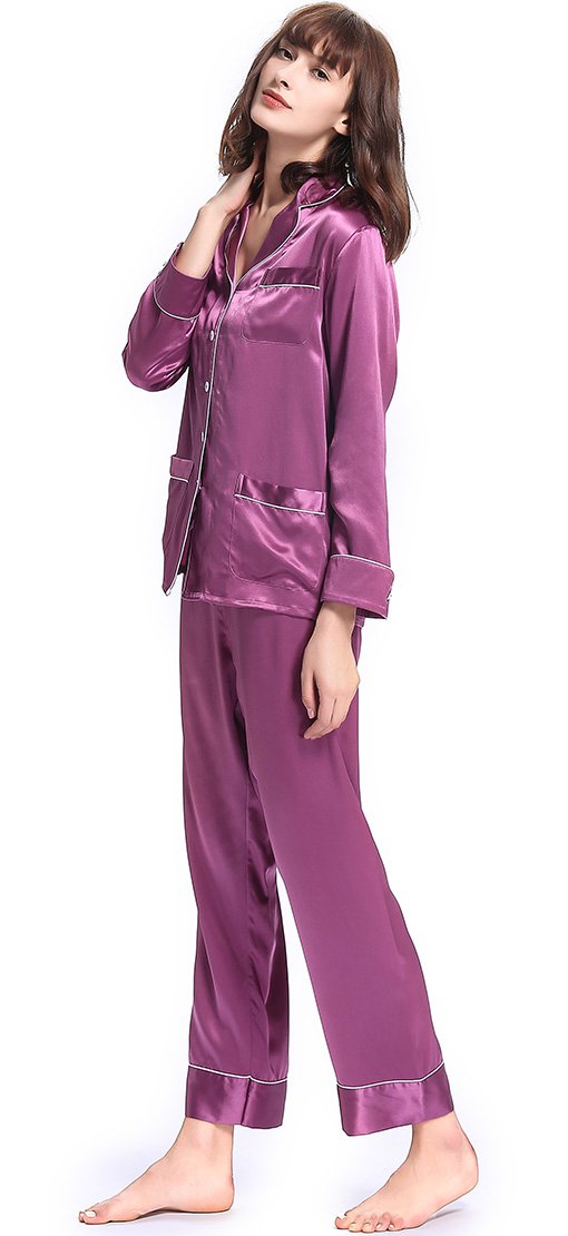 LilySilk Women's Long Silk Pajamas Set - V-Neck Notched Collar with White Trim - Luxurious 100% Mulberry Silk Sleepwear for Women - Perfect for Relaxing at Home, Spa Days & Gift Giving