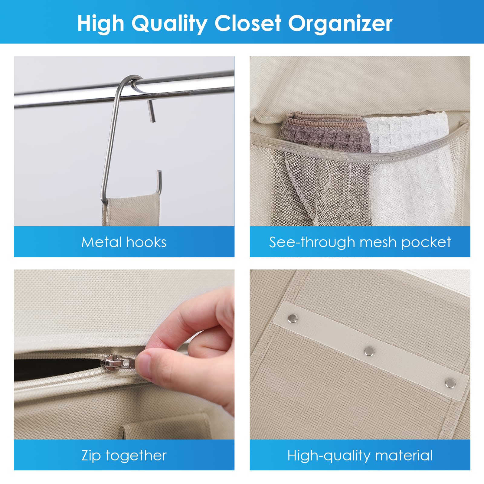 Fixwal 2-Pack 3-Shelf Hanging Closet Organizer | 6-Shelf Separable Storage Shelves | Collapsible Space-Saving Solution for Bedroom, Dorm, Pantry & RV | Beige | Perfect for College, Camping & Small Space Organization