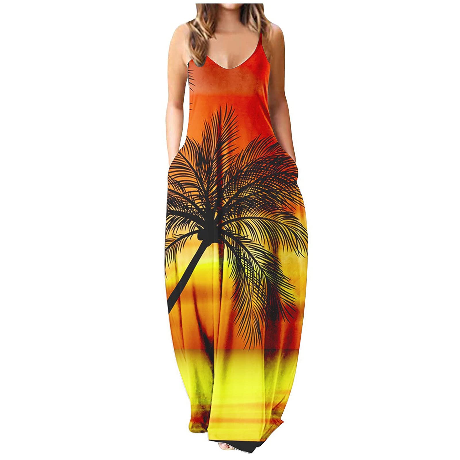iQKA Women's Maxi Dress - Colorful Long Sleeveless V-Neck Tunic with Pockets | Summer Casual Boho Beach Dress | Perfect for Vacations, Parties & Outdoor Events