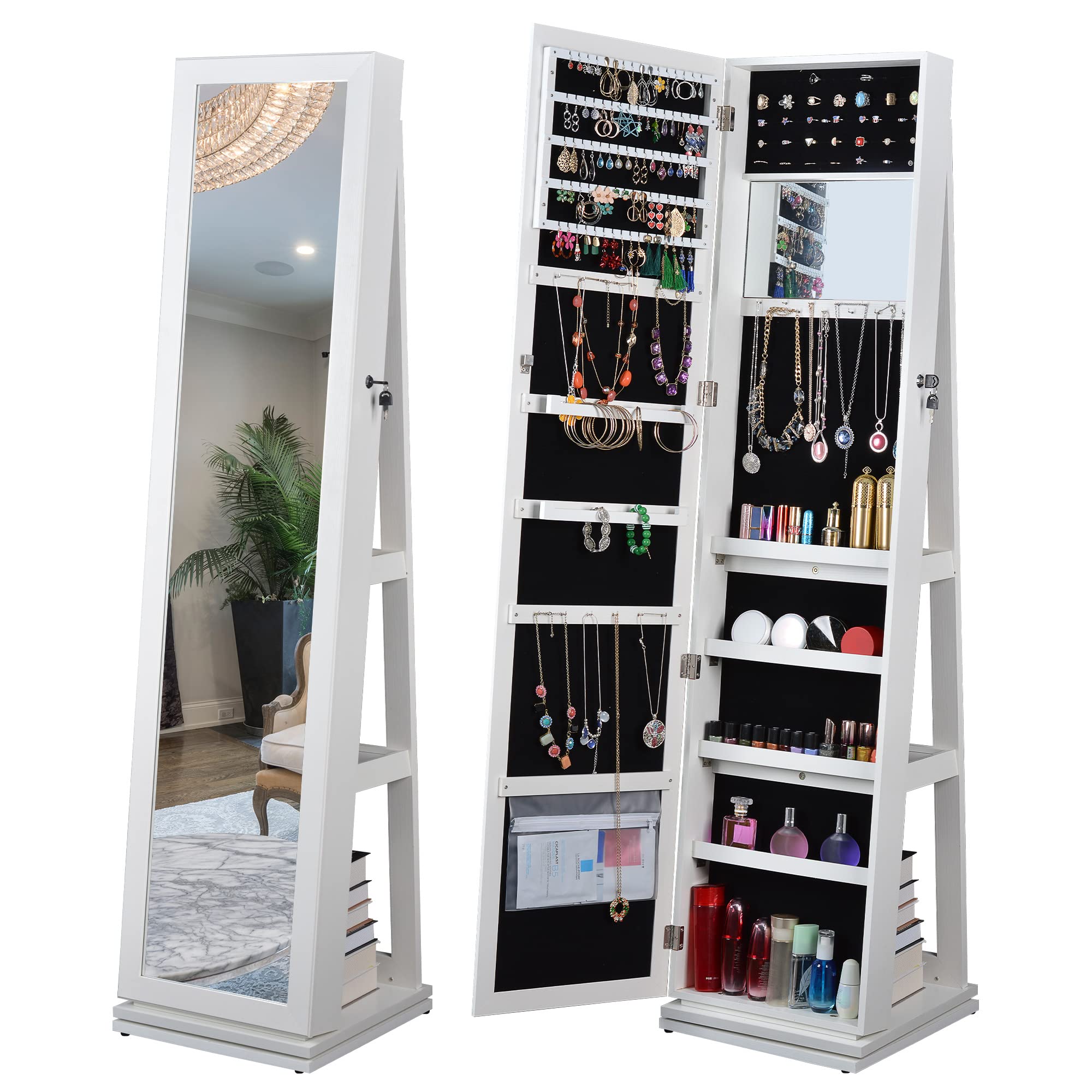 4-in-1 Swivel Jewelry Organizer with Full-Length Mirror - Tall Jewelry Armoire Cabinet with Ample Storage & Display Rack for Women | Perfect for Bedroom, Dorm Room & Closet Organization