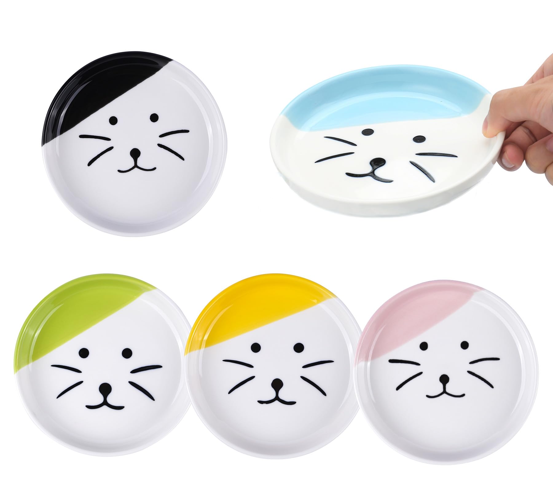 Premium Ceramic Cat Food and Water Bowl Set - Healthy Anti-Whisker Fatigue Shallow Dish for Wet Food & Treats, Dishwasher Safe 5-Piece Kit - Perfect for Indoor Cats & Small Dogs Feeding Station