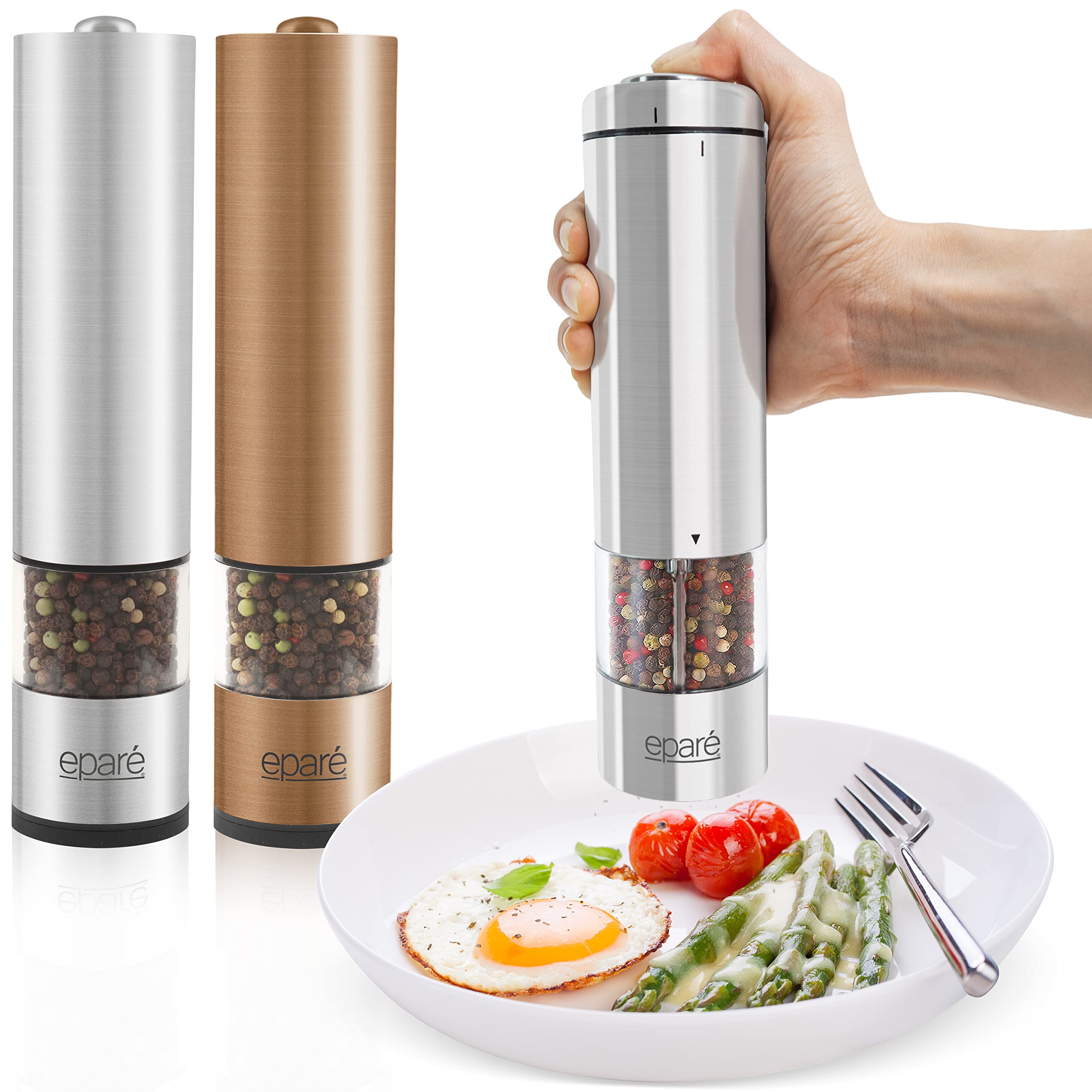 Premium Electric Salt and Pepper Grinder Set - Battery Operated Ceramic Burr Mill with Adjustable Coarseness - Metallic & Copper Finish - Perfect for Kitchen, Dining Table, and Gift Giving