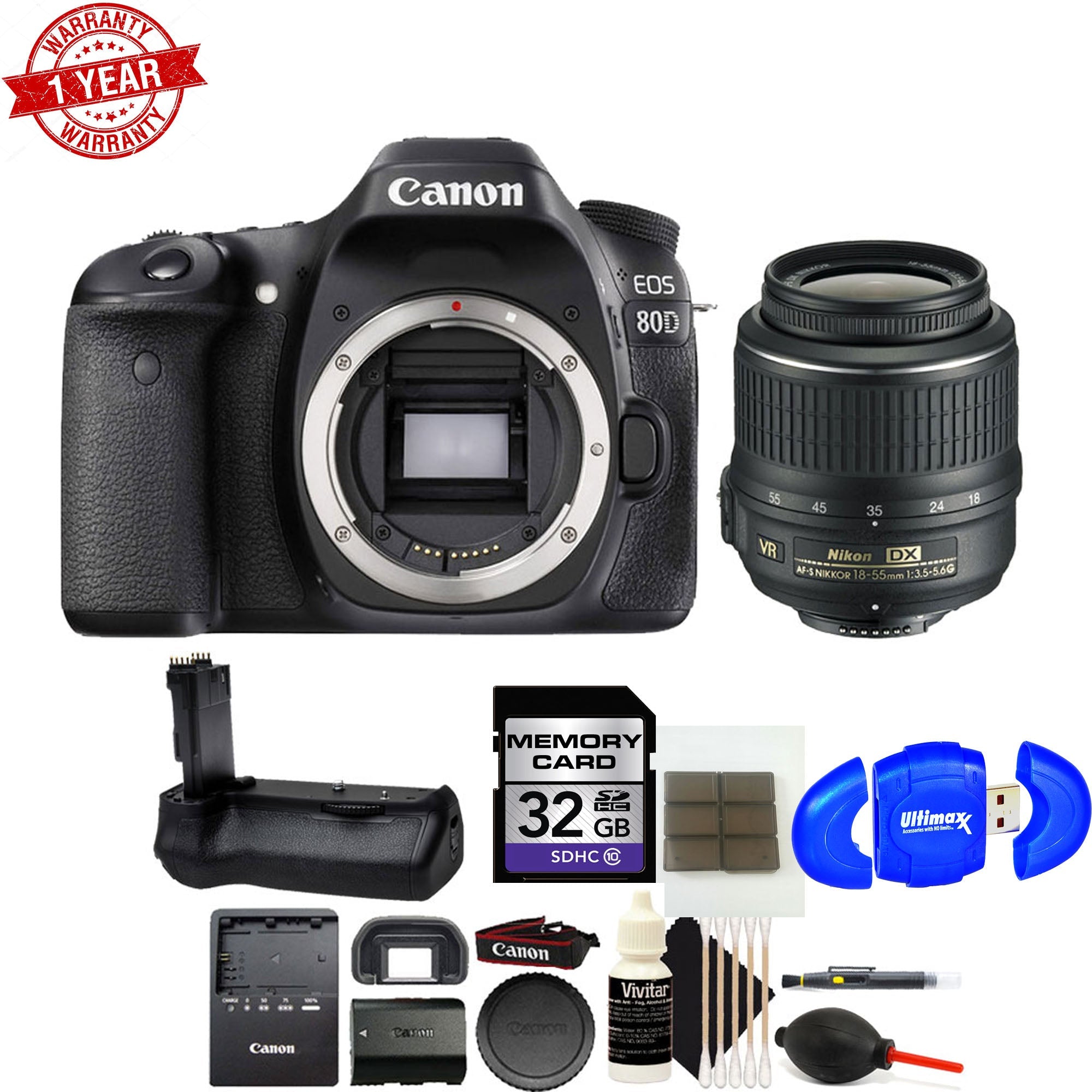 Canon EOS 80D 24.2MP DSLR Camera with 18-55mm Lens | Battery Grip & 32GB Memory Card Kit - Perfect for Photography, Vlogging & Travel
