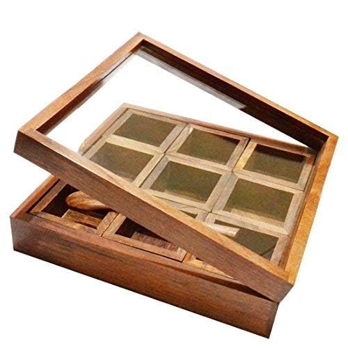Premium Wooden Spice Box with Transparent Lid & Spoon - Perfect for Indian Cooking, Spice Storage & Kitchen Organization