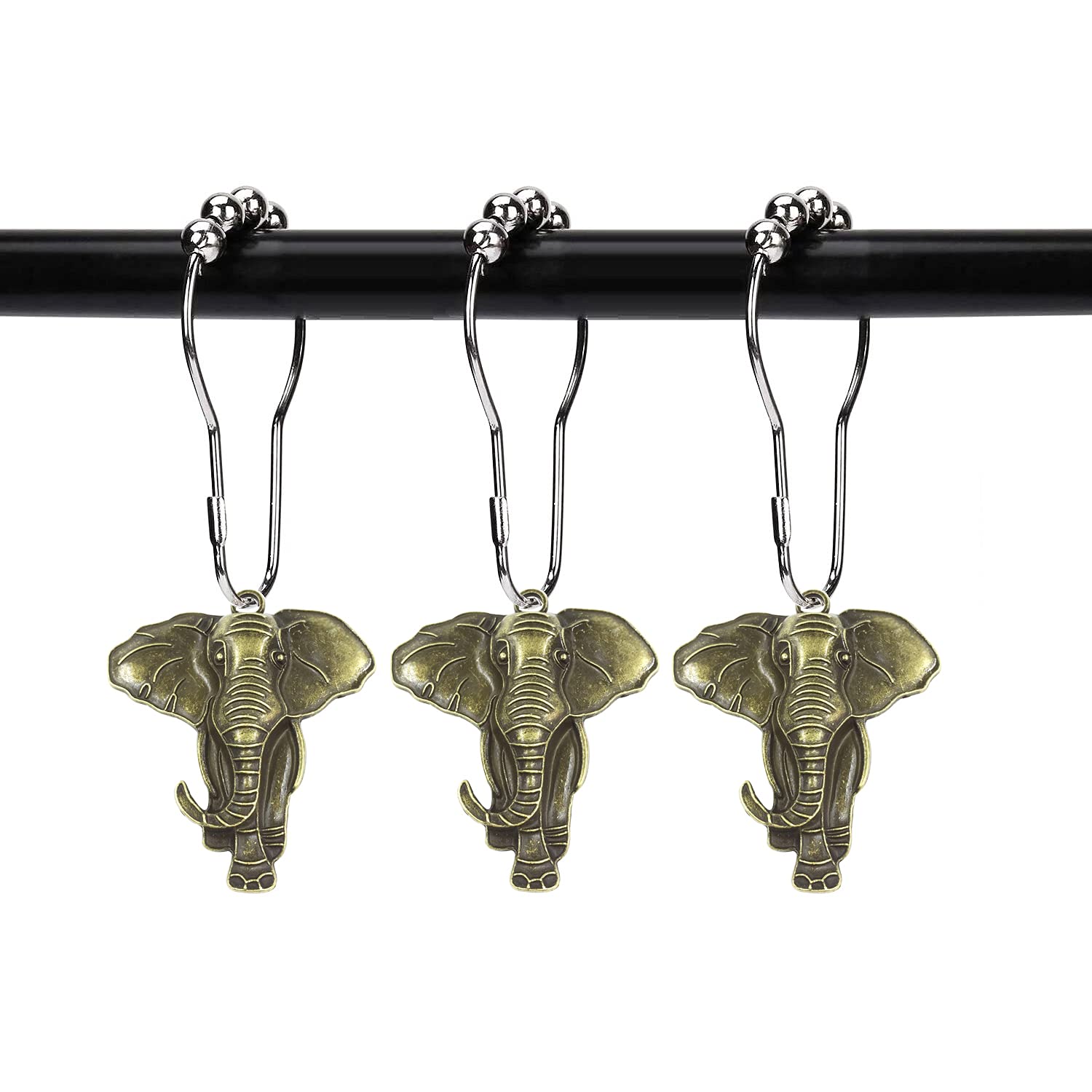 12 Pack Realistic Elephant Shower Curtain Hooks - Stainless Steel Rustproof Bathroom Decor Rings for Shower Curtain Accessories (Bronze) | Elegant Home & Bathroom Decor for Kids and Adults