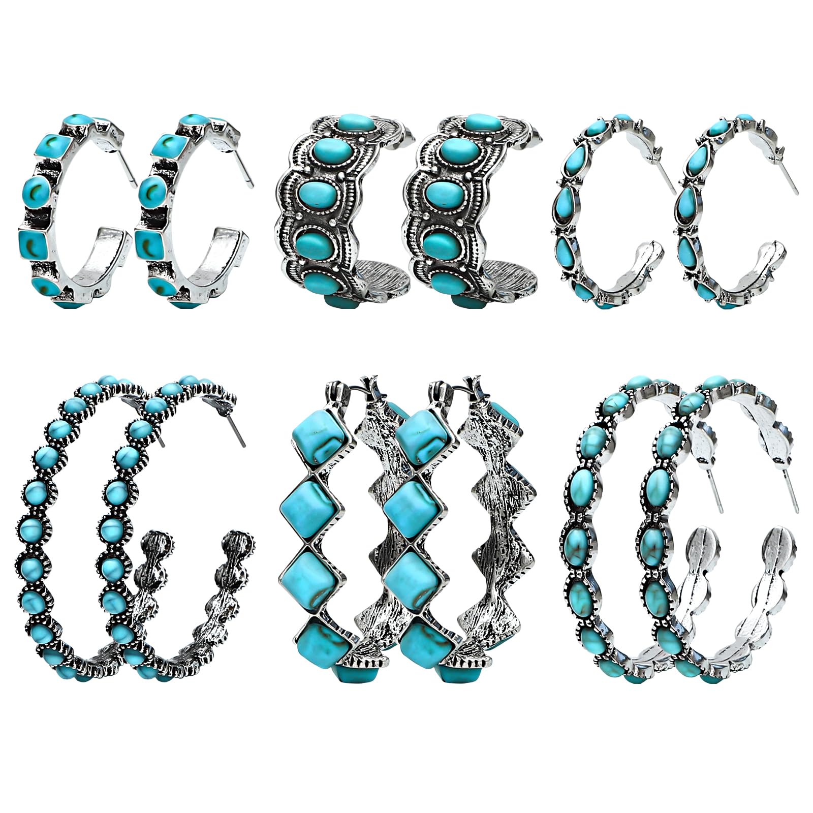 NEWITIN 6 Pairs Turquoise Hoop Earrings for Women - Hypoallergenic Bohemian Statement Jewelry, Oval Ethnic Western Earrings - Perfect for Boho Fashion, Casual Wear & Festival Outfits