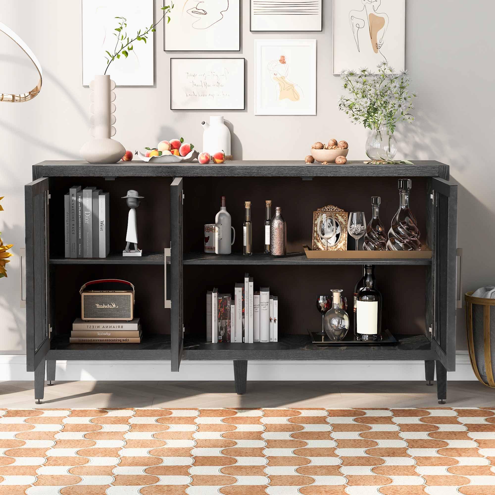 Merax Black Wood Sideboard Buffet Cabinet with Storage & 3 Tempered Glass Doors, Adjustable Shelves - Perfect for Living Room, Dining Room & Kitchen Storage Furniture