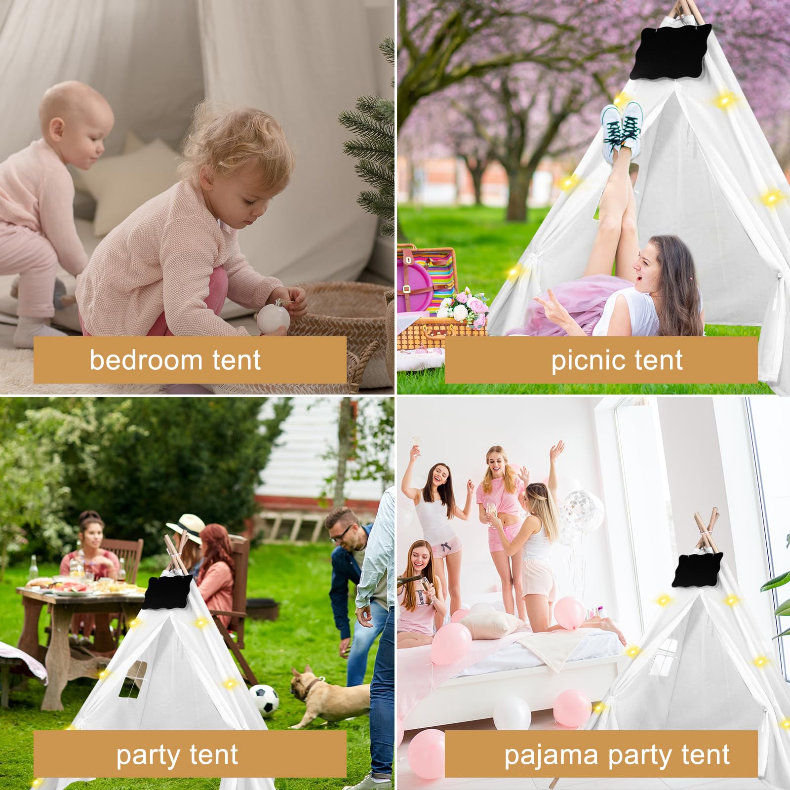 6-Piece Teepee Tent Set with Chalkboard & 10FT Fairy Lights - Foldable Indoor/Outdoor Play Tent for Kids, Girls & Boys - Perfect for Birthday Parties, Boho Sleepovers, Camping & Nursery Decor (White)