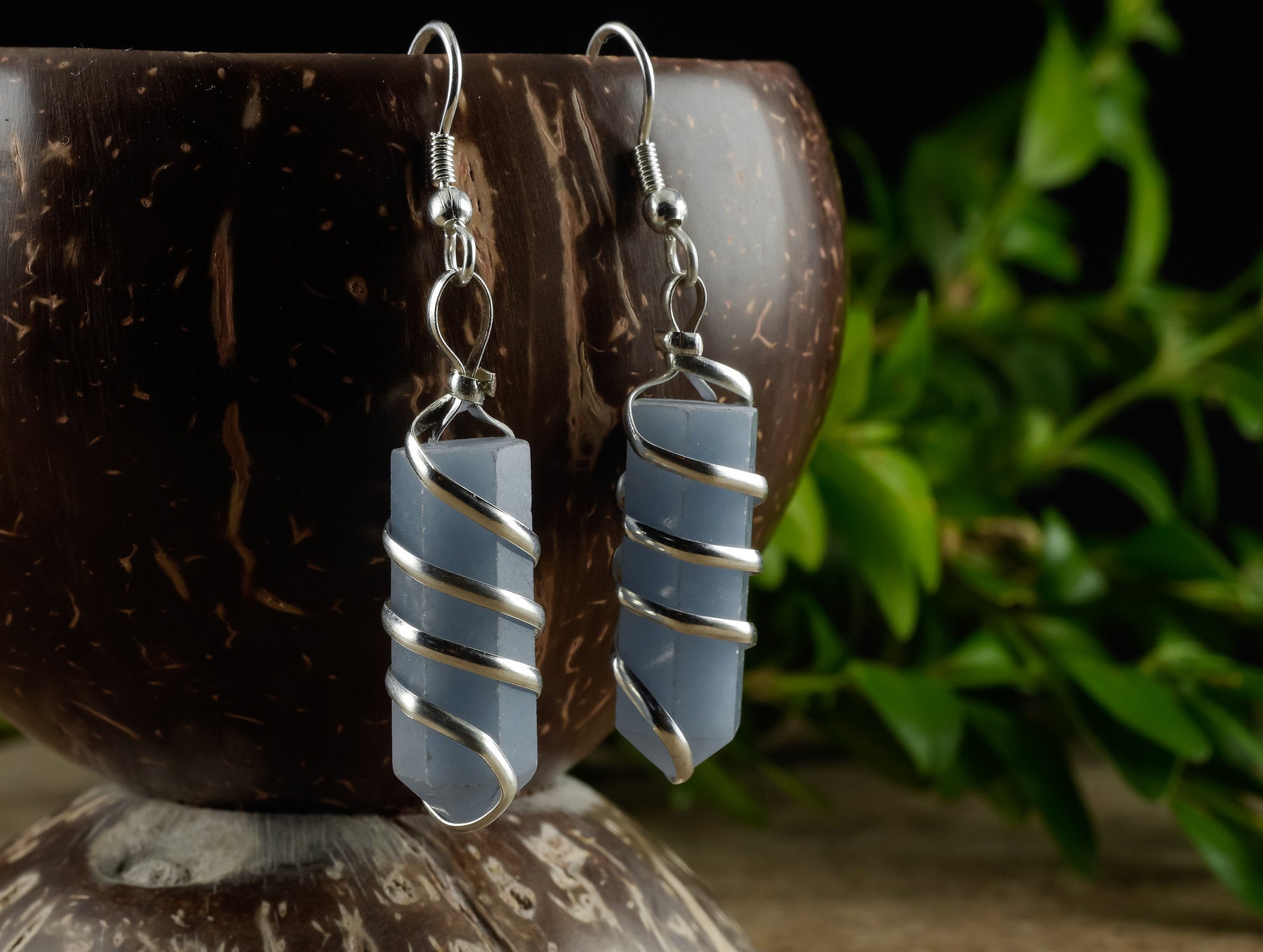 ANGELITE Crystal Earrings - Handmade Wire Wrapped Jewelry with Natural Crystal Points | Elegant Dangle Earrings for Women (E1392) | Perfect for Spiritual Healing, Meditation & Boho Fashion