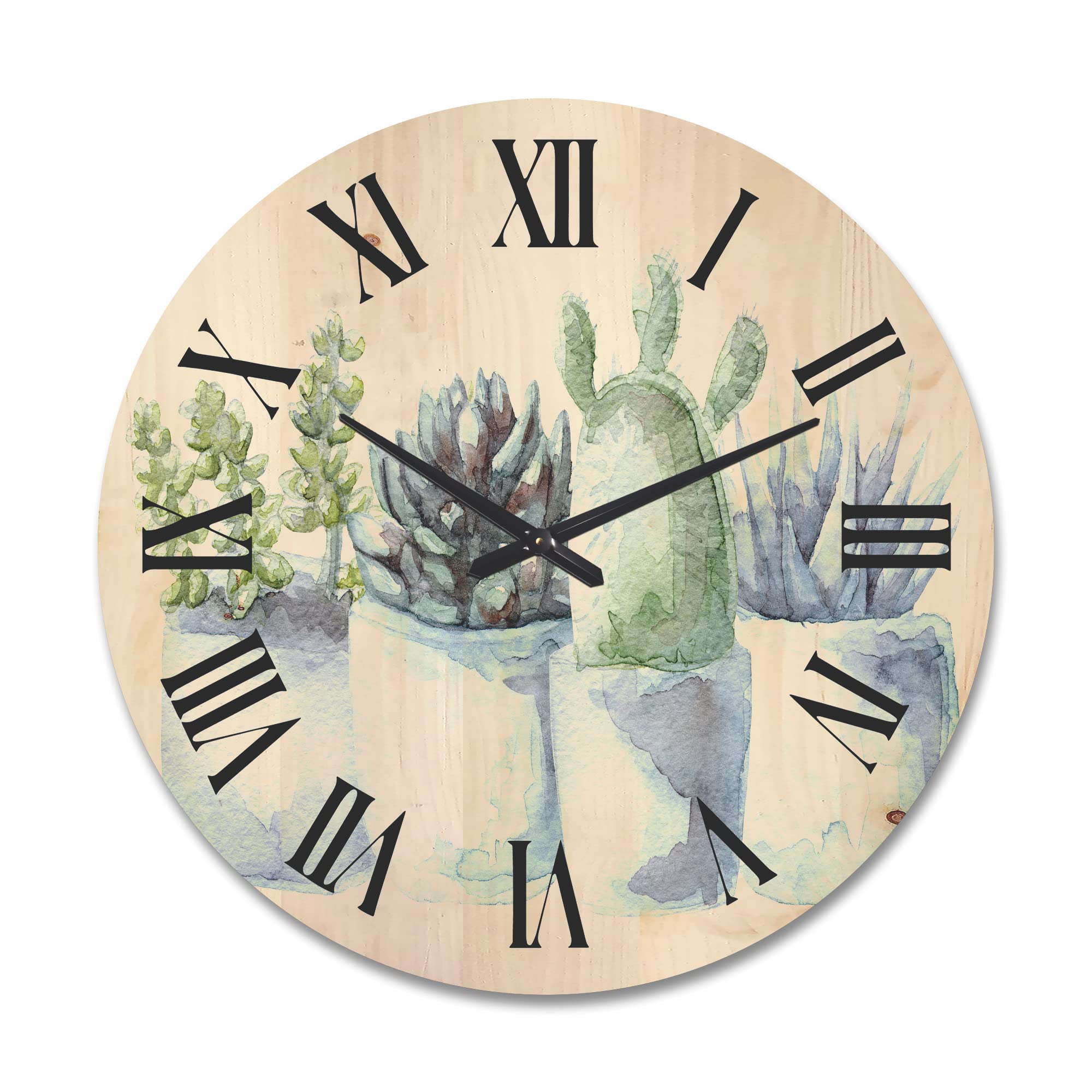 Farmhouse Wood Wall Clock - Large Decorative Floral & Botanical Wall Clock for Living Room - Oversized Succulent and Cactus House Plants Design - Perfect for Home, Office, and Gift Giving