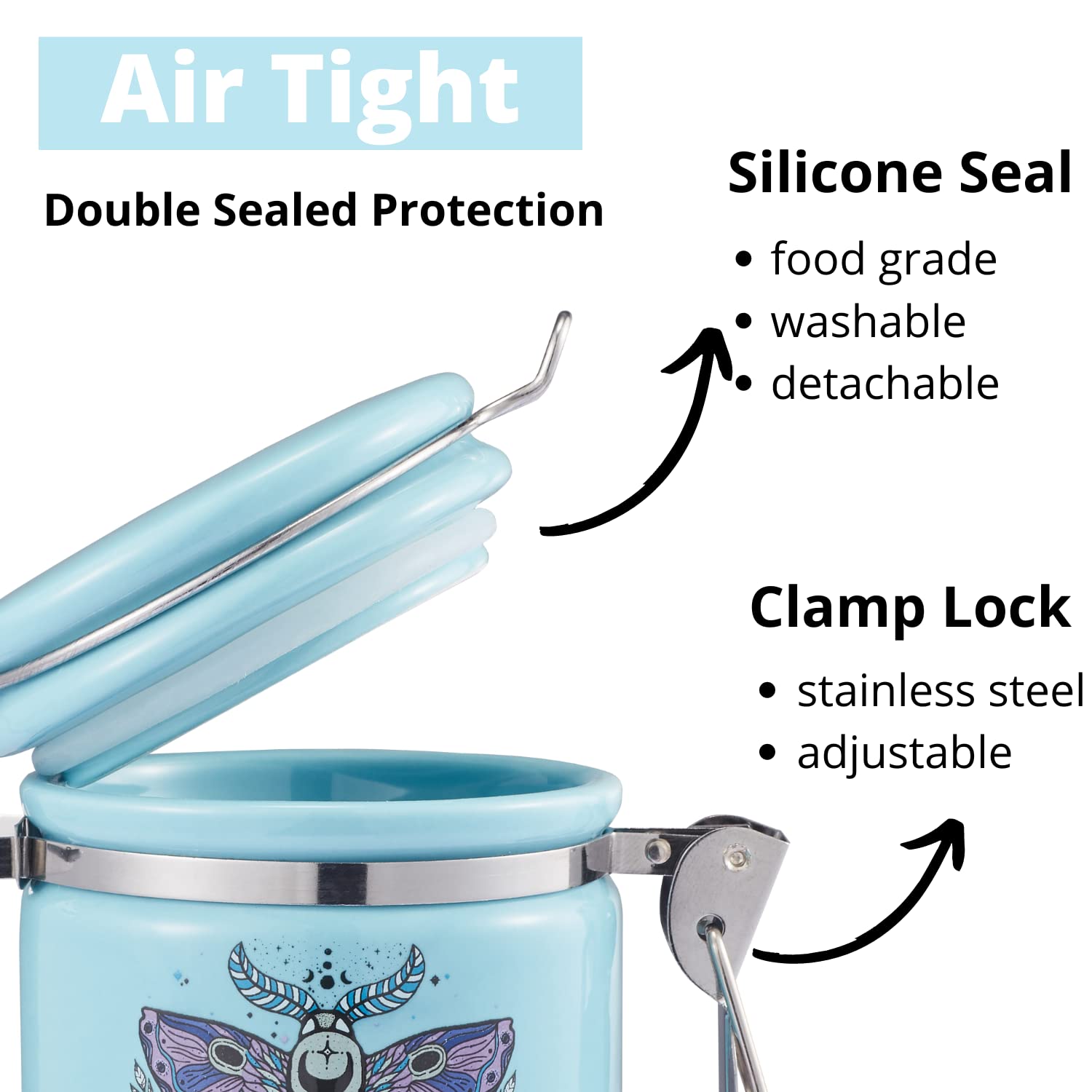 Airtight 250ml (Half Oz) Smell Proof Stash Jar with Humidity Pack Compartment - Odor Proof Clay Container for Herb Storage, Cute Cyan Storage Box Case - Perfect for Travel, Home & Office Use