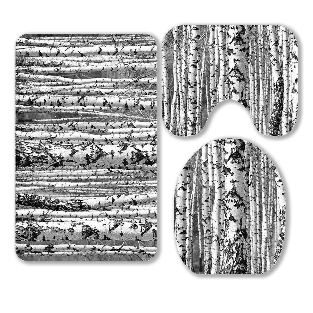 ECZJNT 3-Piece Bathroom Rug Set - Black & White Birch Tree Trunks Design, Non-Slip Contour Mat & Toilet Lid Cover - Natural Fiber Bath Mats for Modern Home Decor (Perfect for Bathroom, Powder Room & Guest Bath)