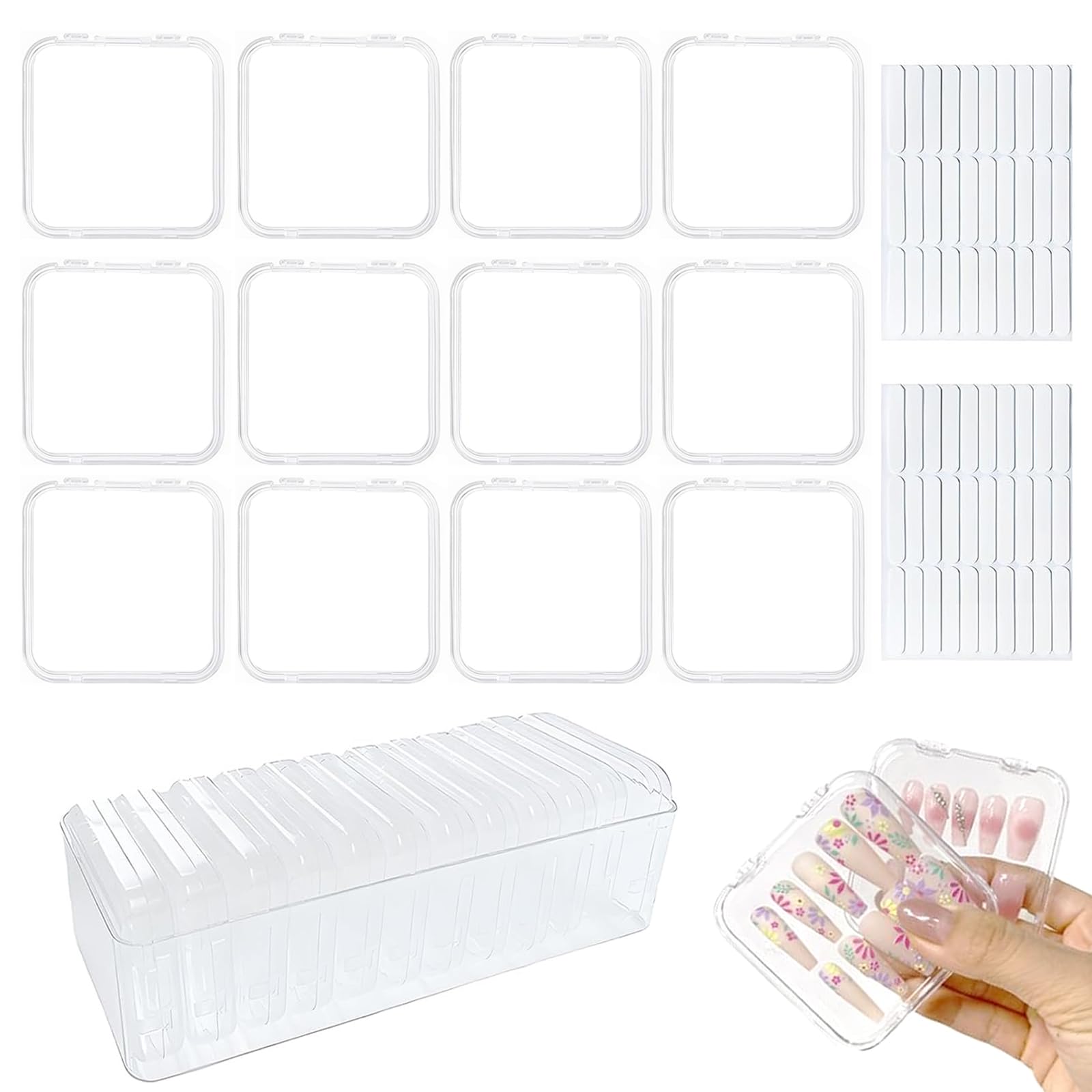 12 Pcs Clear Press On Nail Storage Box - False Nail Organizer Case with Double Sided Tape | Nail Art Display & Salon Business Supplies for Home & Professional Use